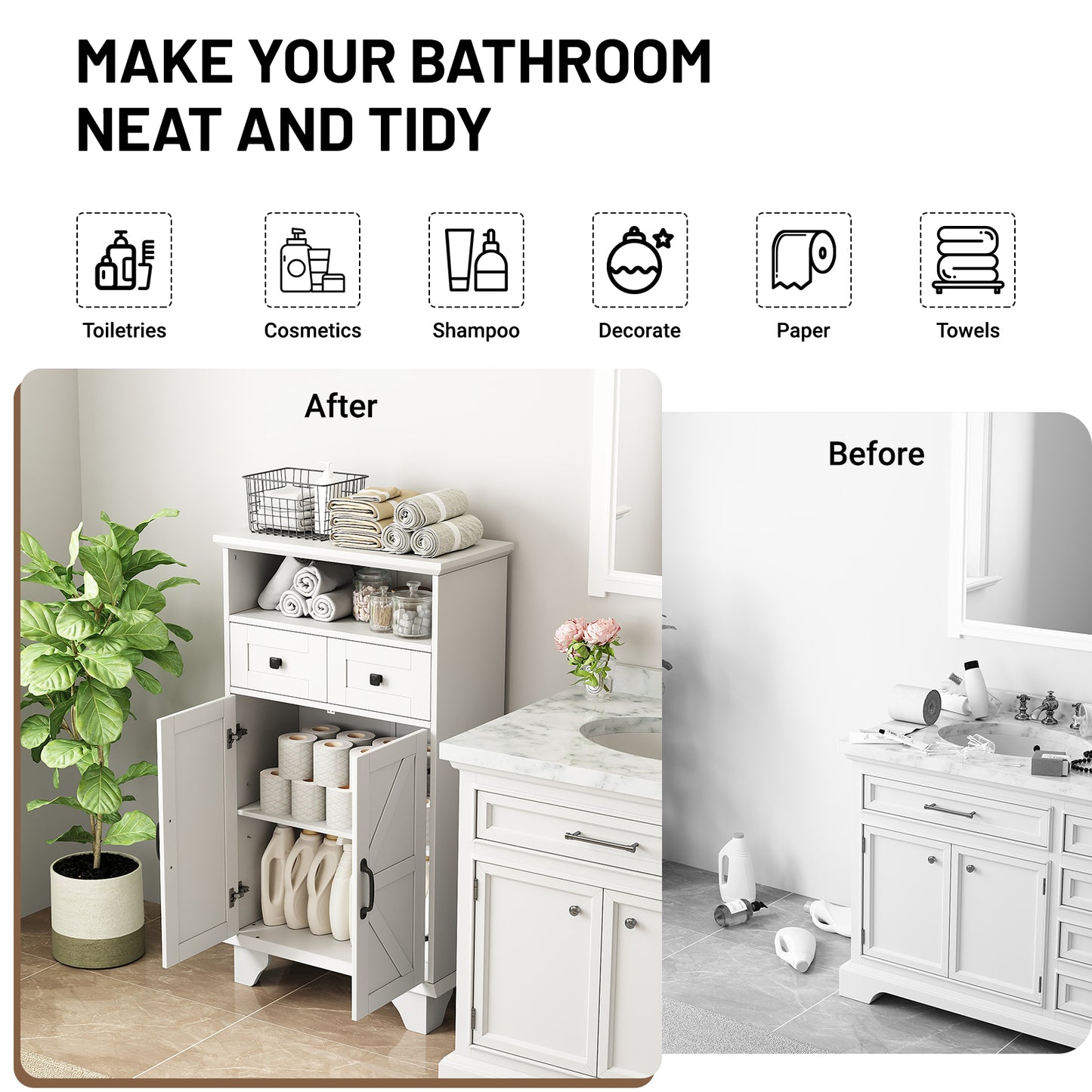 Bathroom Storage Cabinet, Farmhouse Bathroom Floor Cabinet freestanding with Doors and Drawers, 41.3"H Bathroom Organizer with Adjustable Shelf, White