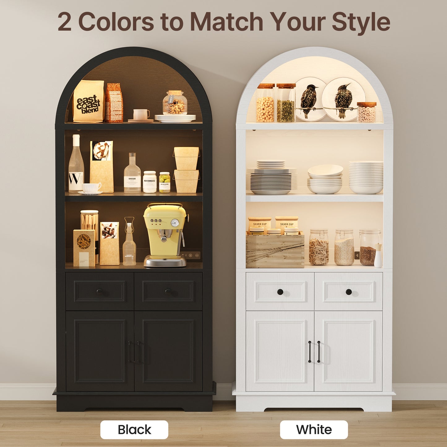 Negylim White Arched Display Coffee Station Cabinet with LED Lights, Freestanding Wooden Storage Unit with Open Shelving, Drawers & Enclosed Cabinet for Kitchen & Living Room Beverage Organizer