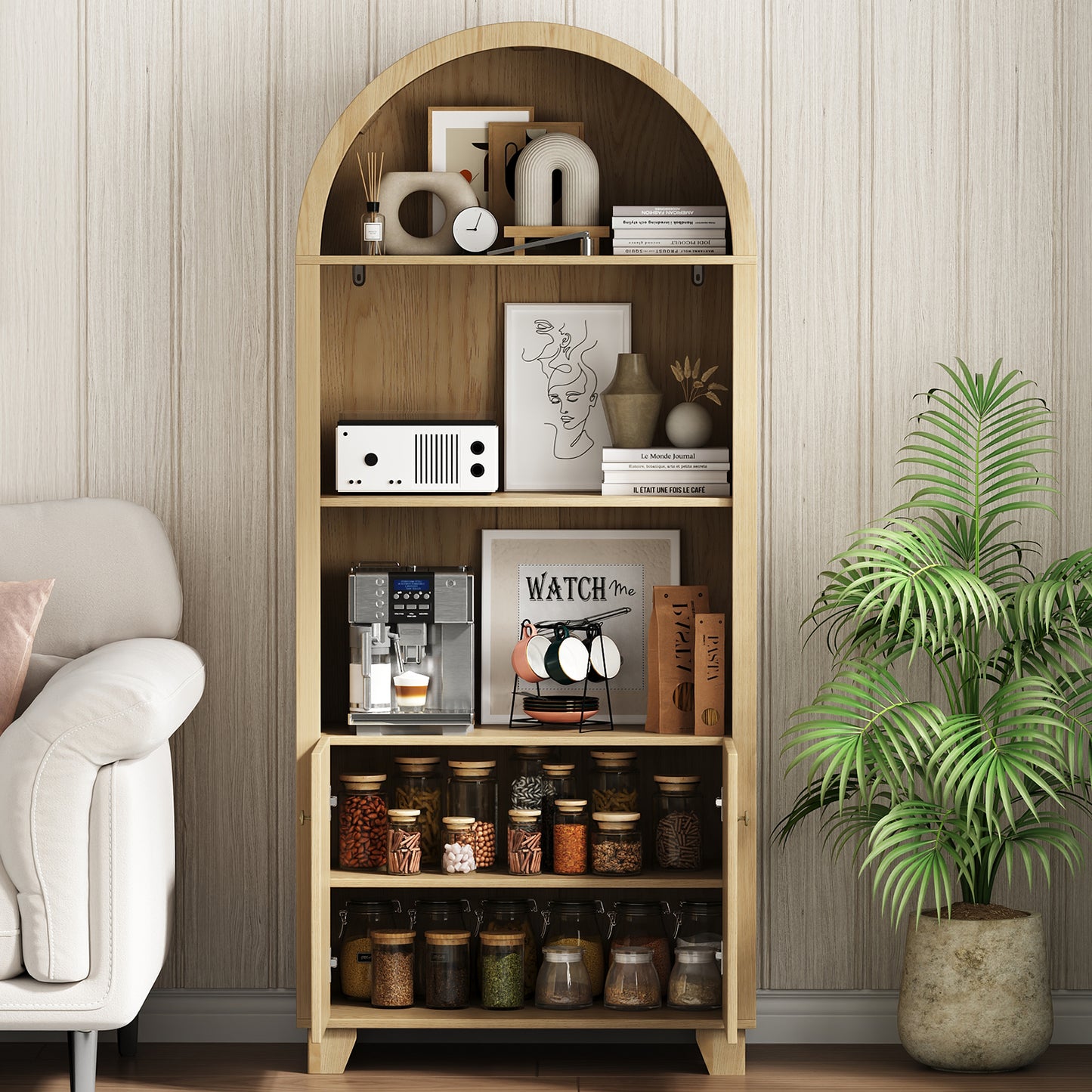 70'' Tall Arched Cabinet, Arched Kitchen Pantry Cabinet with 2 Doors and 5shelves, Open Storage Cabinets Display Bookcase, Versatile Cupboard for Living Room(Wood color)