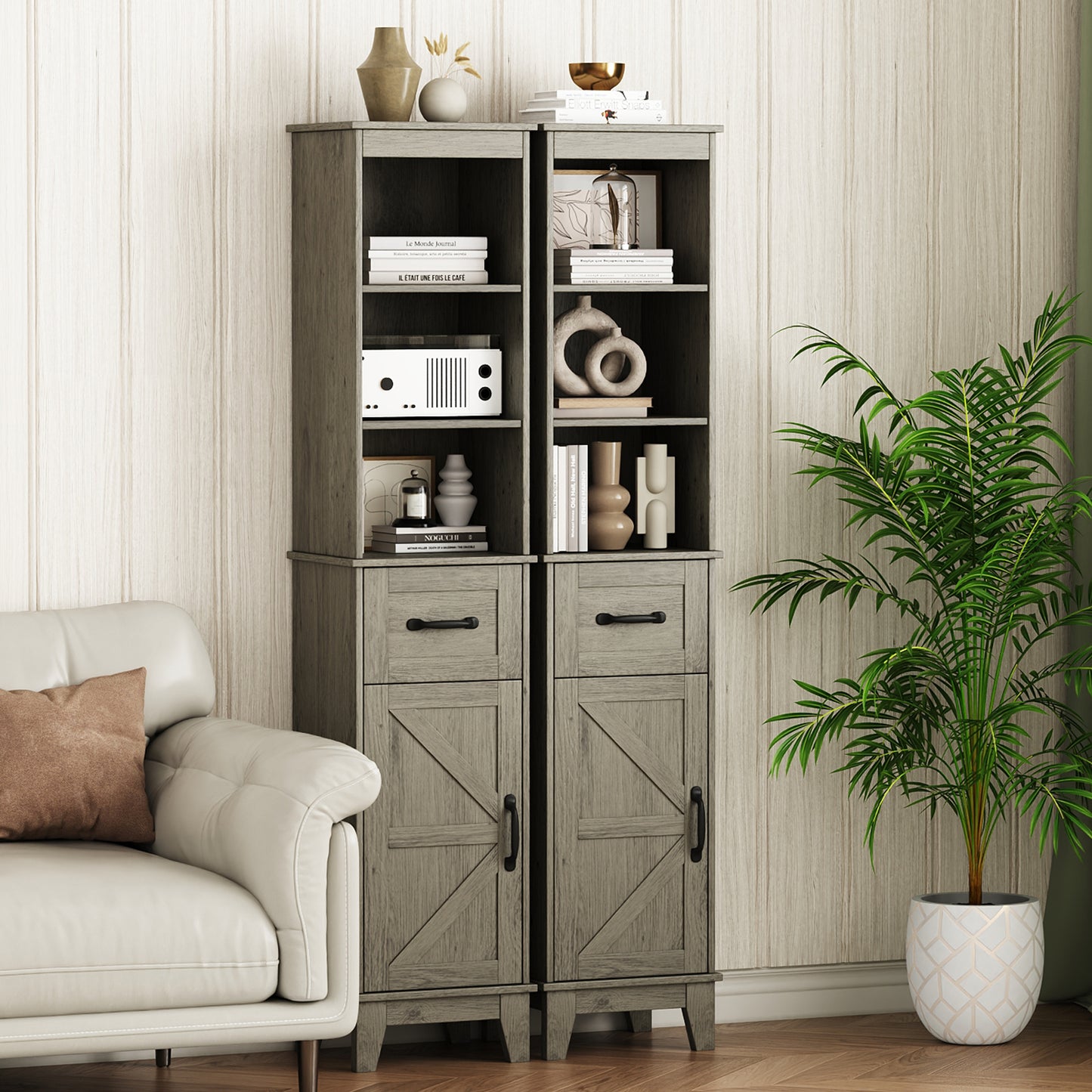 63” Tall Bathroom Storage Cabinet, Freestanding Linen Cabinet, Narrow Bathroom Storage with Barn Door and Drawer, Gray