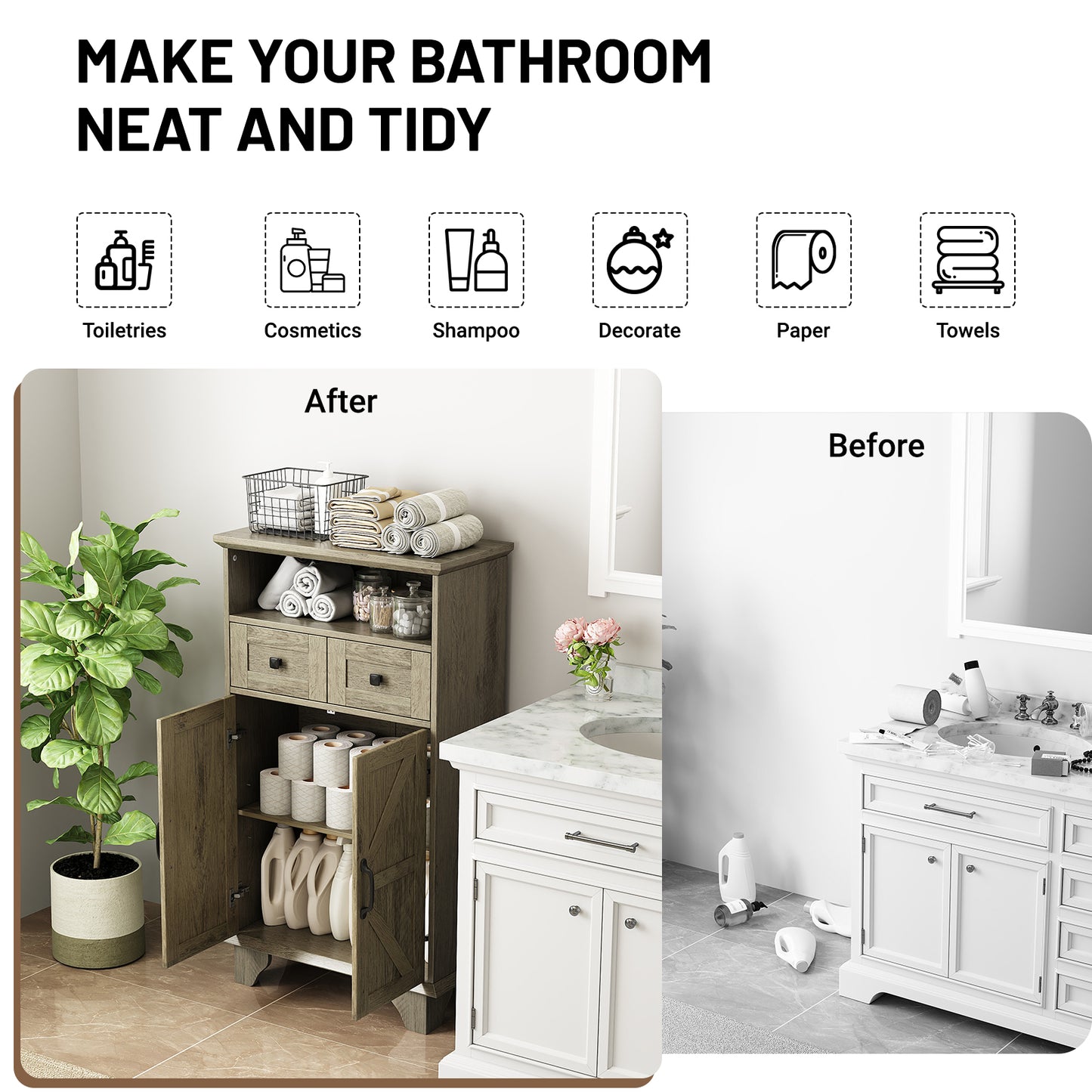 Bathroom Storage Cabinet, Farmhouse Bathroom Floor Cabinet freestanding with Doors and Drawers, 41.3"H Bathroom Organizer with Adjustable Shelf, Wood Grain