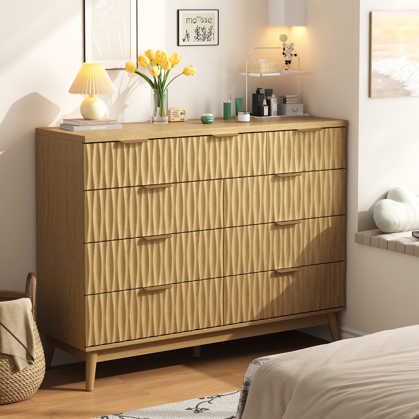 NEGYLIM 47" Wood Dressers with 9 Drawers for Bedroom, Fluted Wood Dresser Chest of Drawers for Bedroom, Storage Cabinet for TV Stand, Living Room, Entryway, Wood