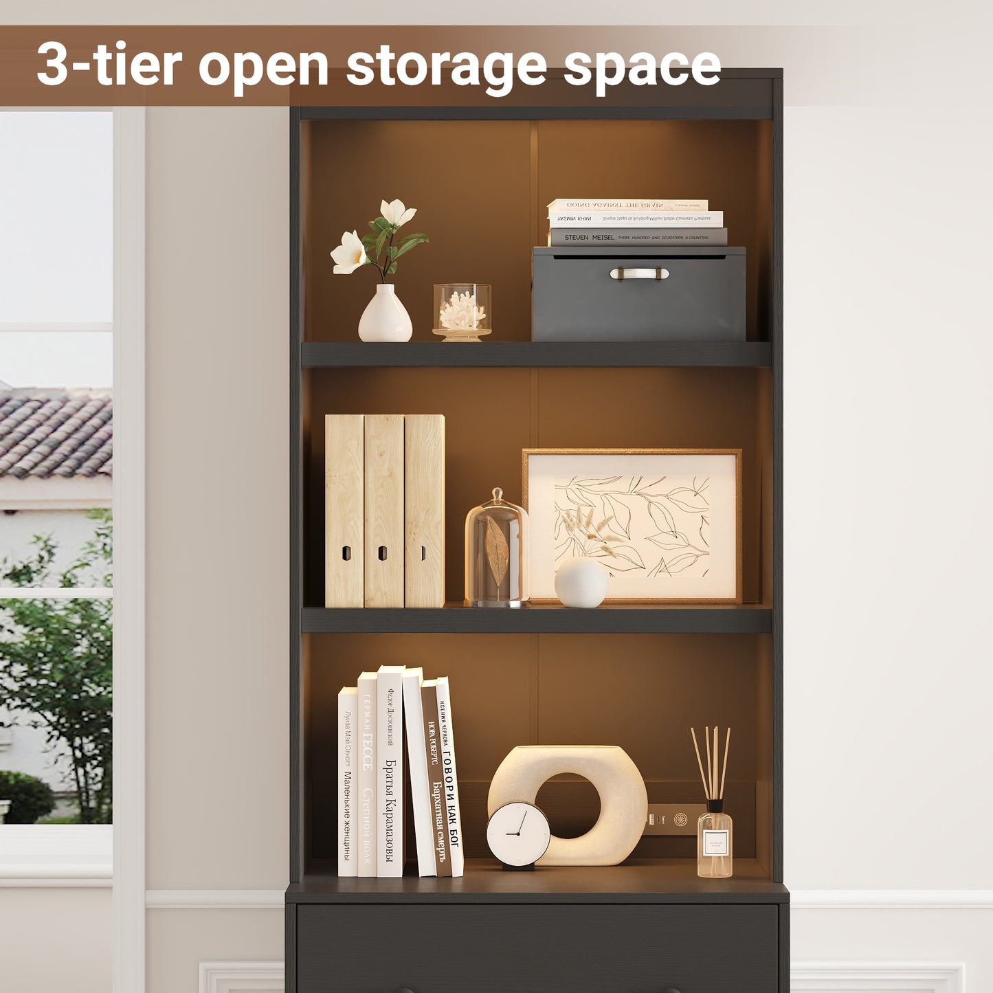 71” Tall Bookcase with 6-Tier, Extra Large Freestanding Display Bookshelf with LED and 3 Large Drawer, Black