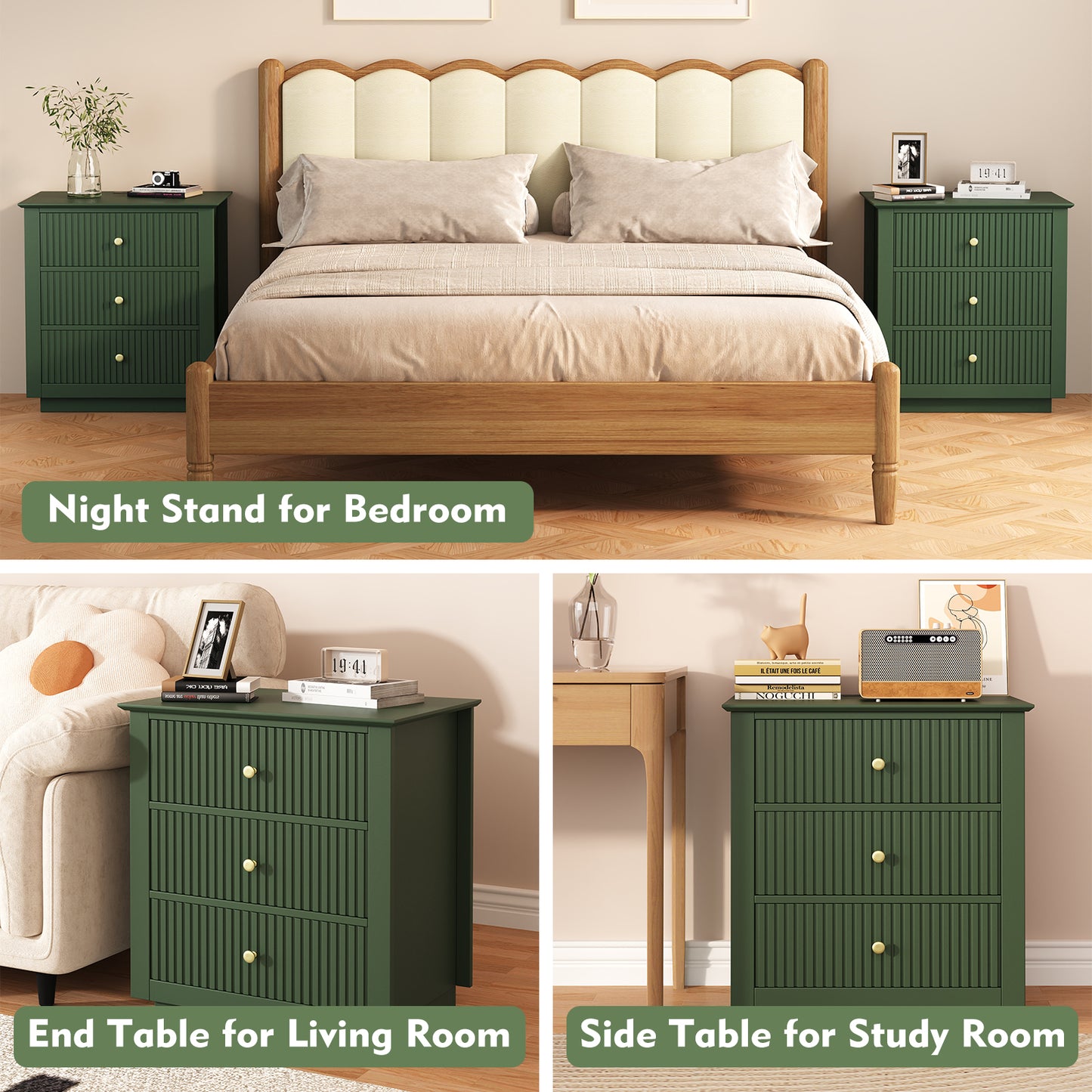 Modern Nightstand with Charging Station & 3 Drawers, 24 Inch Wide Bedside Table Set of 2 for Bedroom and Living Room, Large Storage End Table with Fluted Design, Green