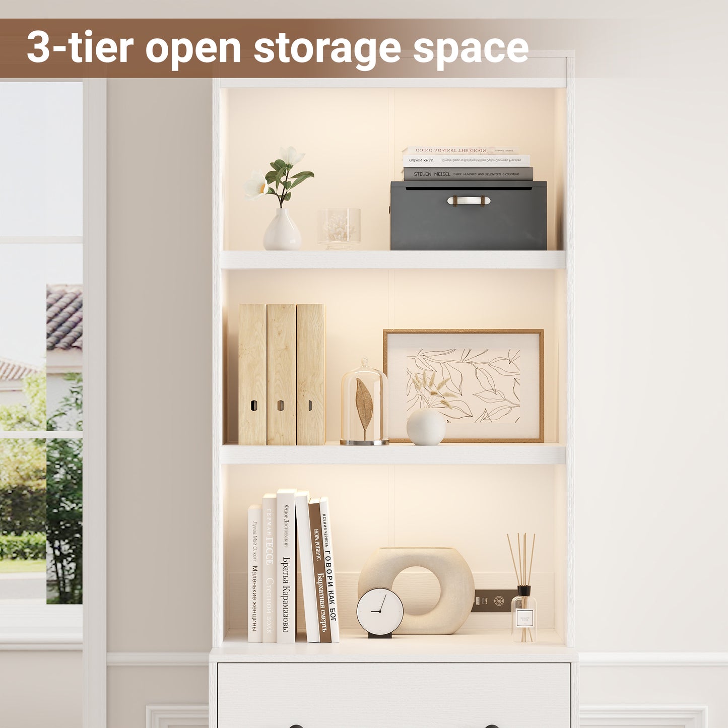71” Tall Bookcase with 6-Tier, Extra Large Freestanding Display Bookshelf with LED and 3 Large Drawer, White