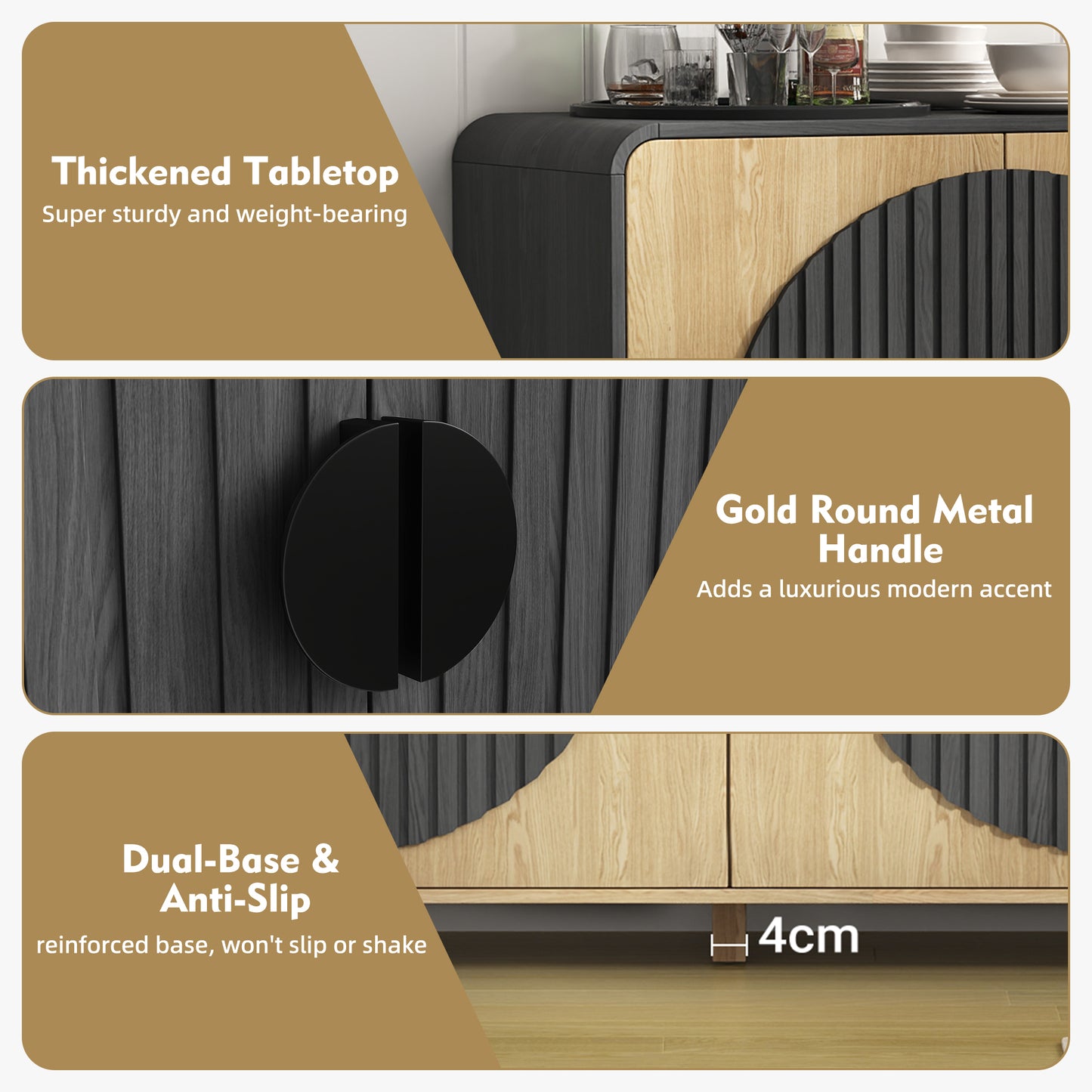 65" Large Sideboard Buffet Cabinet with Adjustable Shelves – Modern Farmhouse Coffee Bar & Dining Room Storage, Solid Wood Kitchen Table with Doors (Black)