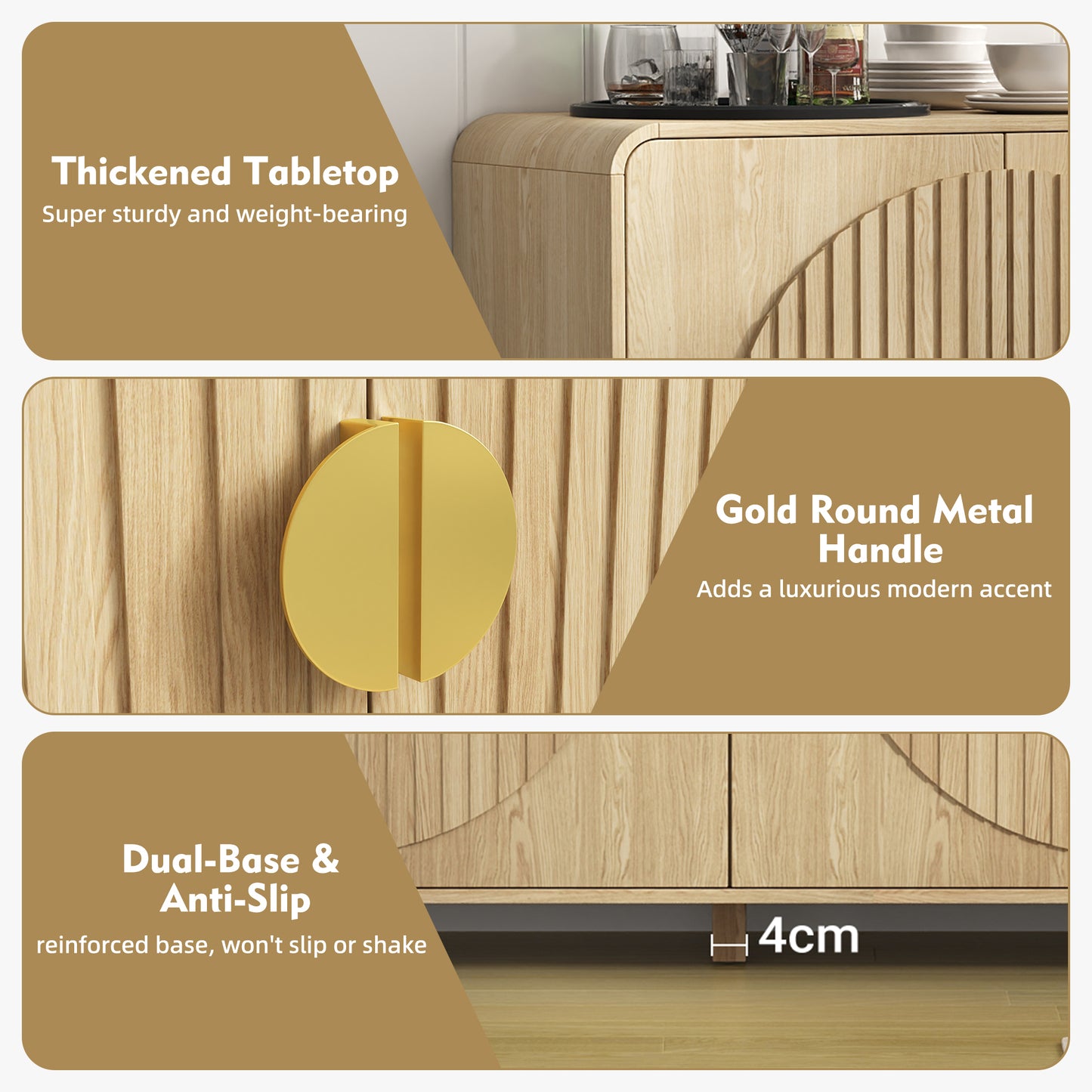 65" Large Sideboard Buffet Cabinet with Adjustable Shelves – Modern Farmhouse Coffee Bar & Dining Room Storage, Solid Wood Kitchen Table with Doors (Natural Finish)