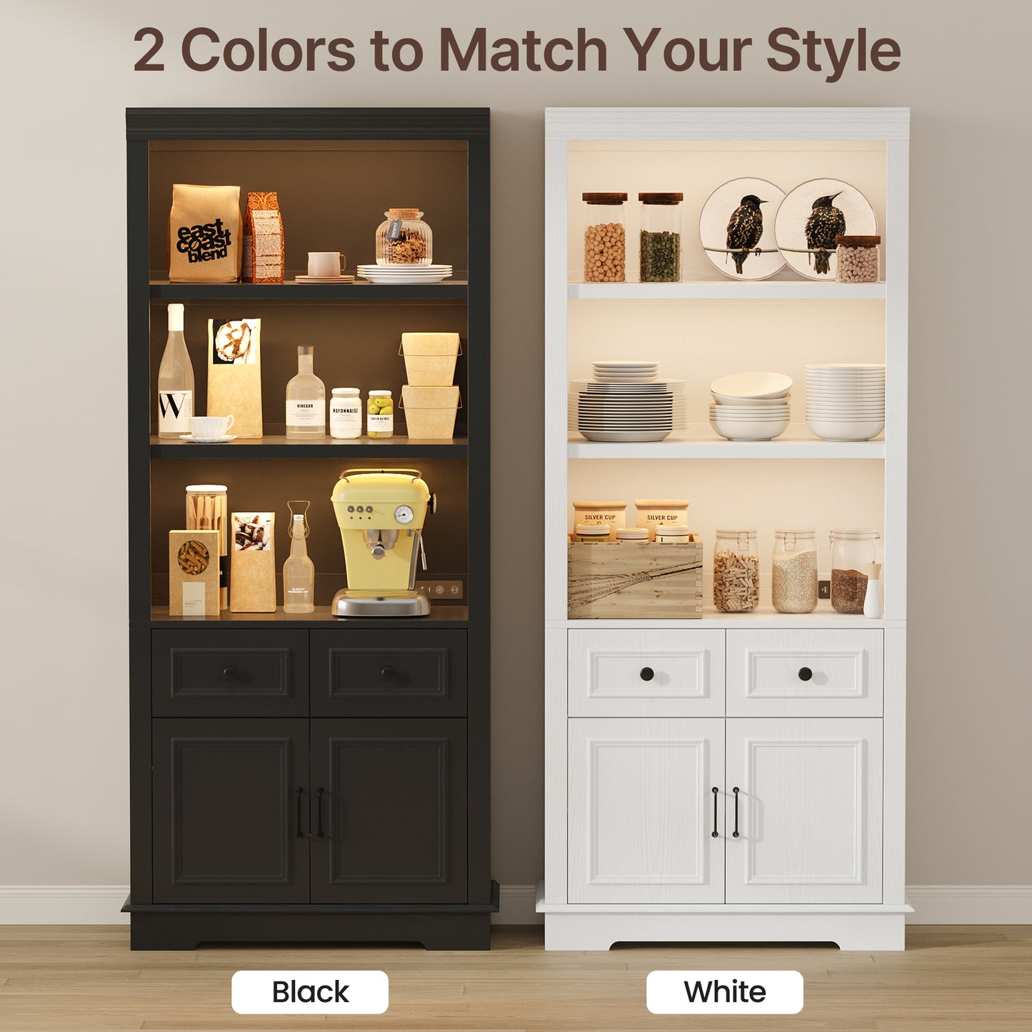 Negylim 71” Tall Lighted Coffee Bar Cabinet, Farmhouse White Pantry Storage Hutch with Built-in LED Strip Lights, 3 Open Display Shelves, 2 Pull-Out Drawers & Closed Storage Cupboard