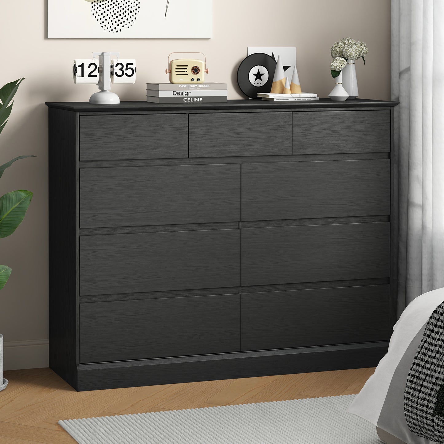 NEGYLIM 9 Drawer Dresser for Bedroom, White Dresser Chest of Drawers, Modern Wood Dressers with Deep Drawers for Living Room,Black