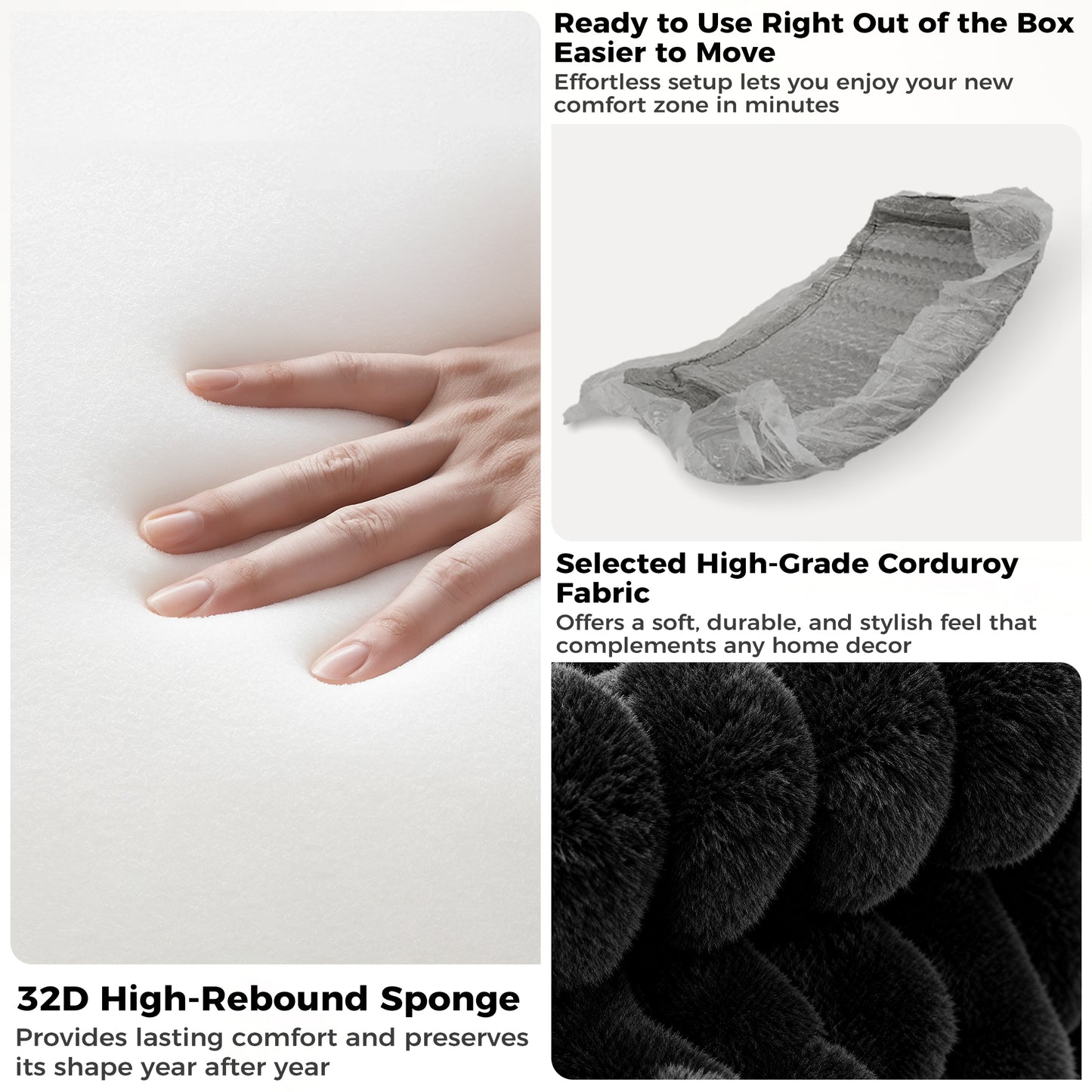 137 inch U-Shaped Sectional Sofa, Cloud-Like Big Modular Couch with Chaise, No Assembly Required, High Density Foam Never Sags, Soft Corduroy Fabric Sofa for Large Space, (Black)