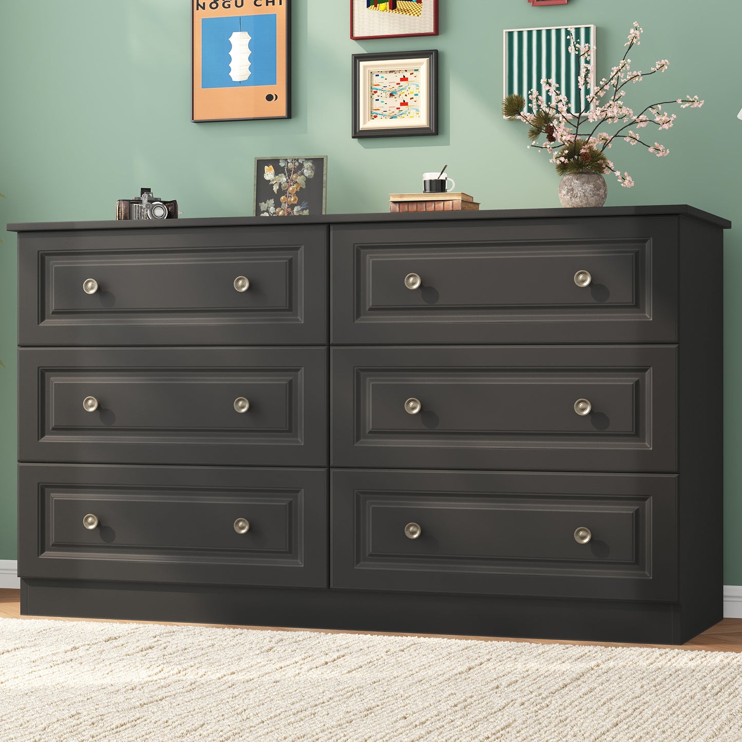 NEGYLIM 6-Drawer Black Dresser, 47-inch Wide Chest for Bedroom Storage, Farmhouse Style with Anti-Tip Safety
