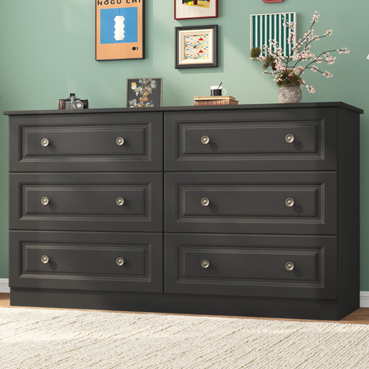 NEGYLIM 6-Drawer Black Dresser, 47-inch Wide Chest for Bedroom Storage, Farmhouse Style with Anti-Tip Safety