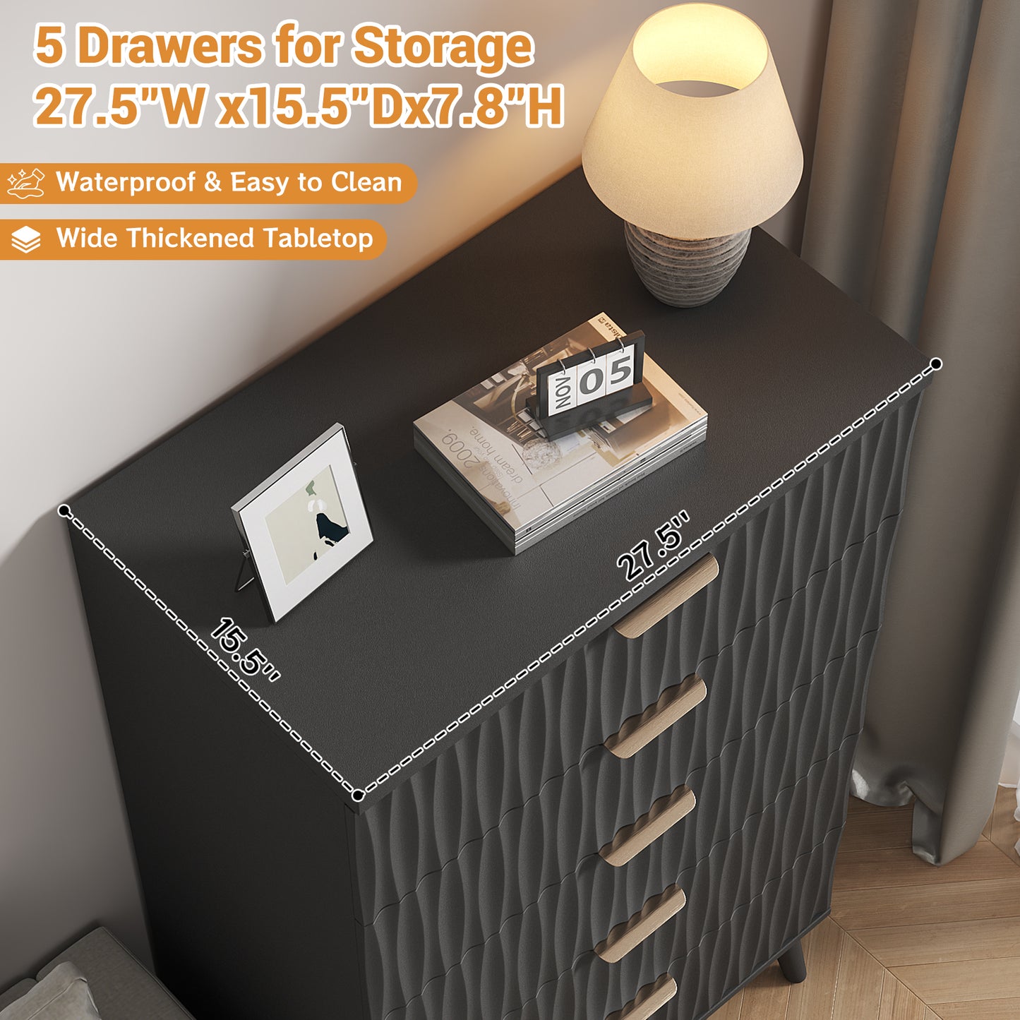 NEGYLIM 5 Drawer Dresser for Bedroom, 47"H Fluted Dresser Modern Chest of Drawers with Metal Handle, Anti-collapse for Living Room, Hallway