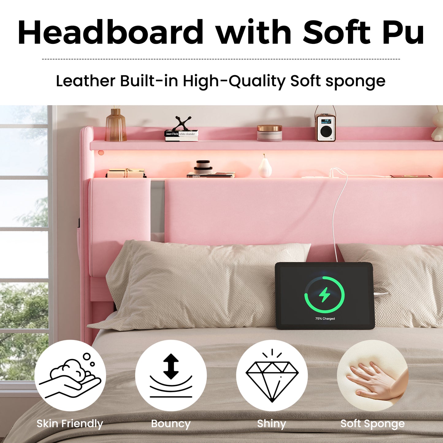NEGYLIM Floating Bed Frame Queen Size with LED Lights, Easy to Assemble, Metal Platform Bed with Storage Headboard, No Box Spring Needed, Pink