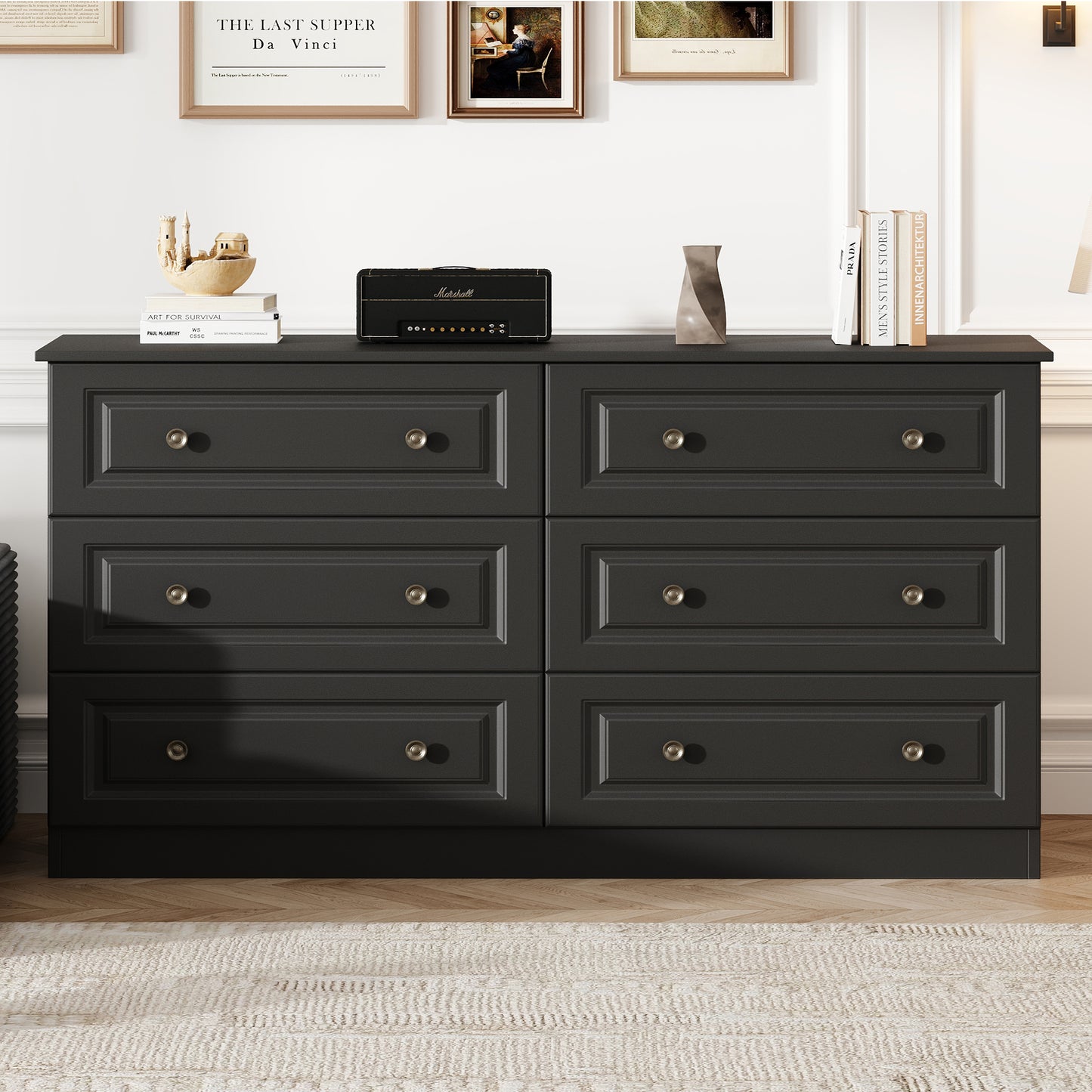 NEGYLIM 6-Drawer Black Dresser, 47-inch Wide Chest for Bedroom Storage, Farmhouse Style with Anti-Tip Safety
