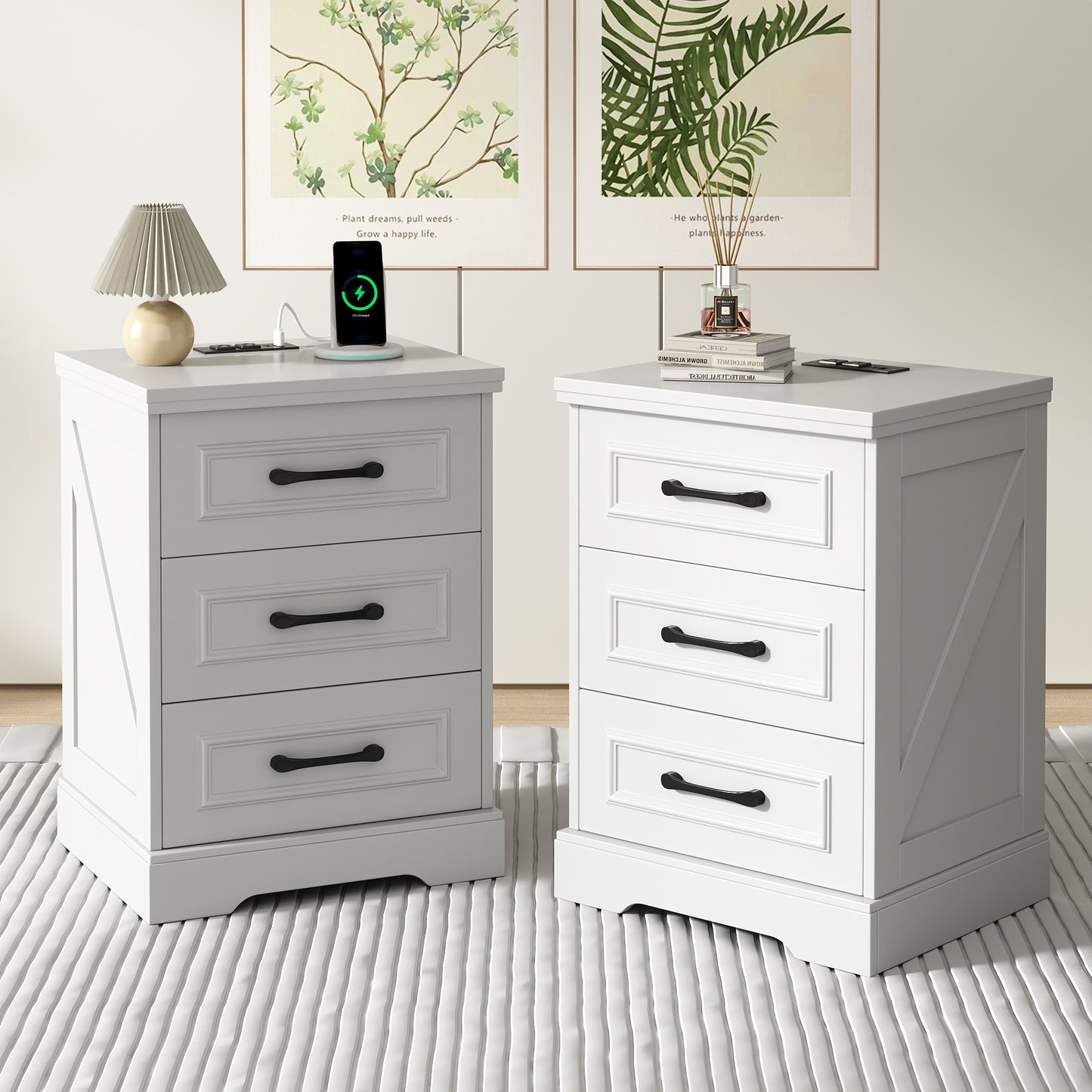 Nightstand, Farmhouse End Table with Charging Station, 3 Drawers Storage for Bedroom