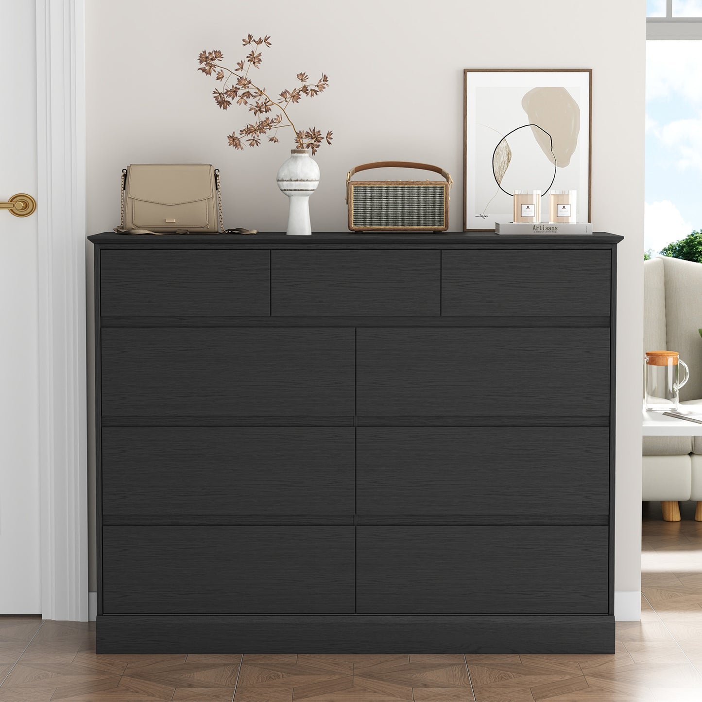 NEGYLIM 9 Drawer Dresser for Bedroom, White Dresser Chest of Drawers, Modern Wood Dressers with Deep Drawers for Living Room,Black