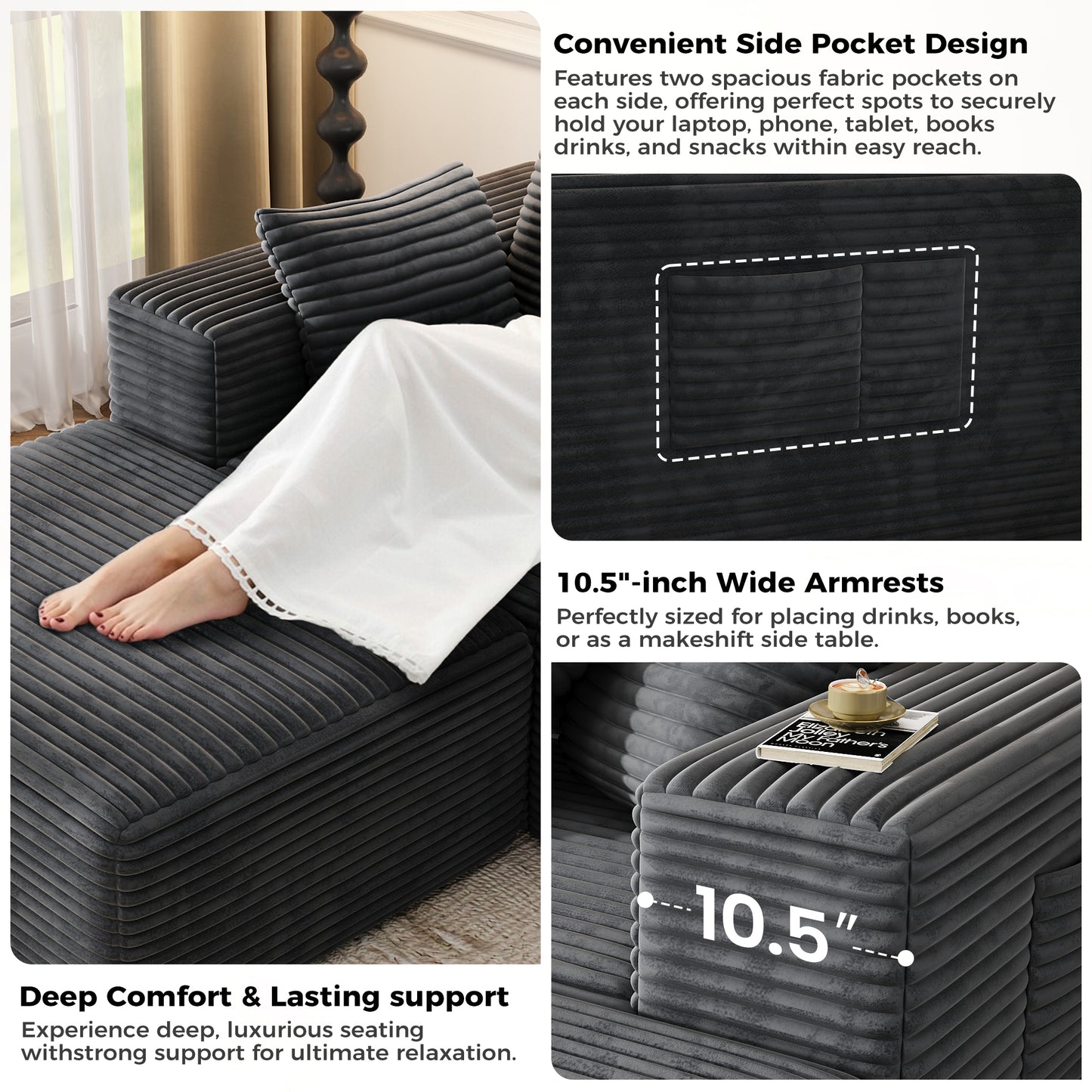 137 Inch Charcoal Cloud Sectional Sofa forf living room , No Sagging Foam U-Shaped Modular Couch, Big Couch Includes 4 Back Cushions & 4 Pillows, No Assembly Required