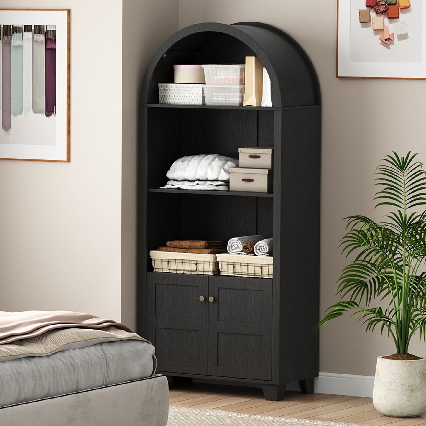70'' Tall Arched Cabinet, Arched Kitchen Pantry Cabinet with 2 Doors and 5shelves, Open Storage Cabinets Display Bookcase, Versatile Cupboard for Living Room(Black)