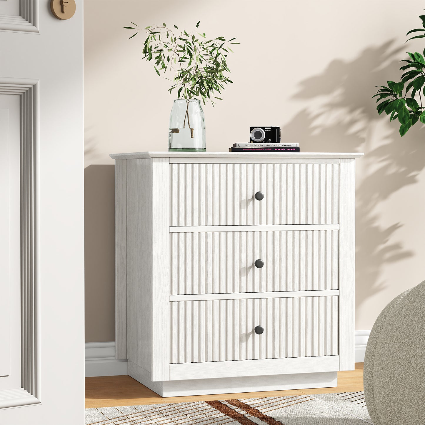Modern Nightstand with Charging Station & 3 Drawers, 24 Inch Wide Bedside Table Set of 2 for Bedroom and Living Room, Large Storage End Table with Fluted Design, Green