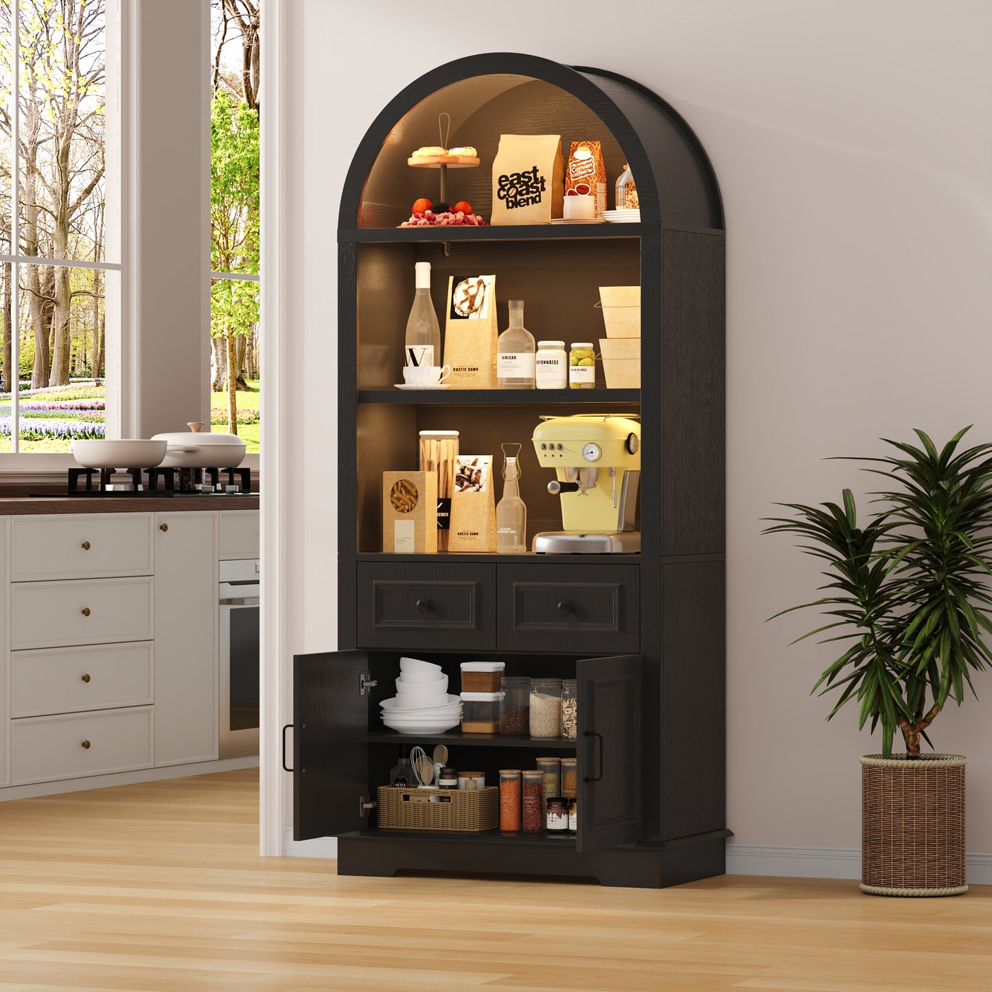 Negylim Arched Top Coffee Bar Cabinet with LED Lights, Wooden Freestanding Beverage Storage Hutch with Open Shelves, 2 Drawers & Closed Cupboard for Kitchen Living Room Home Coffee Station, Black