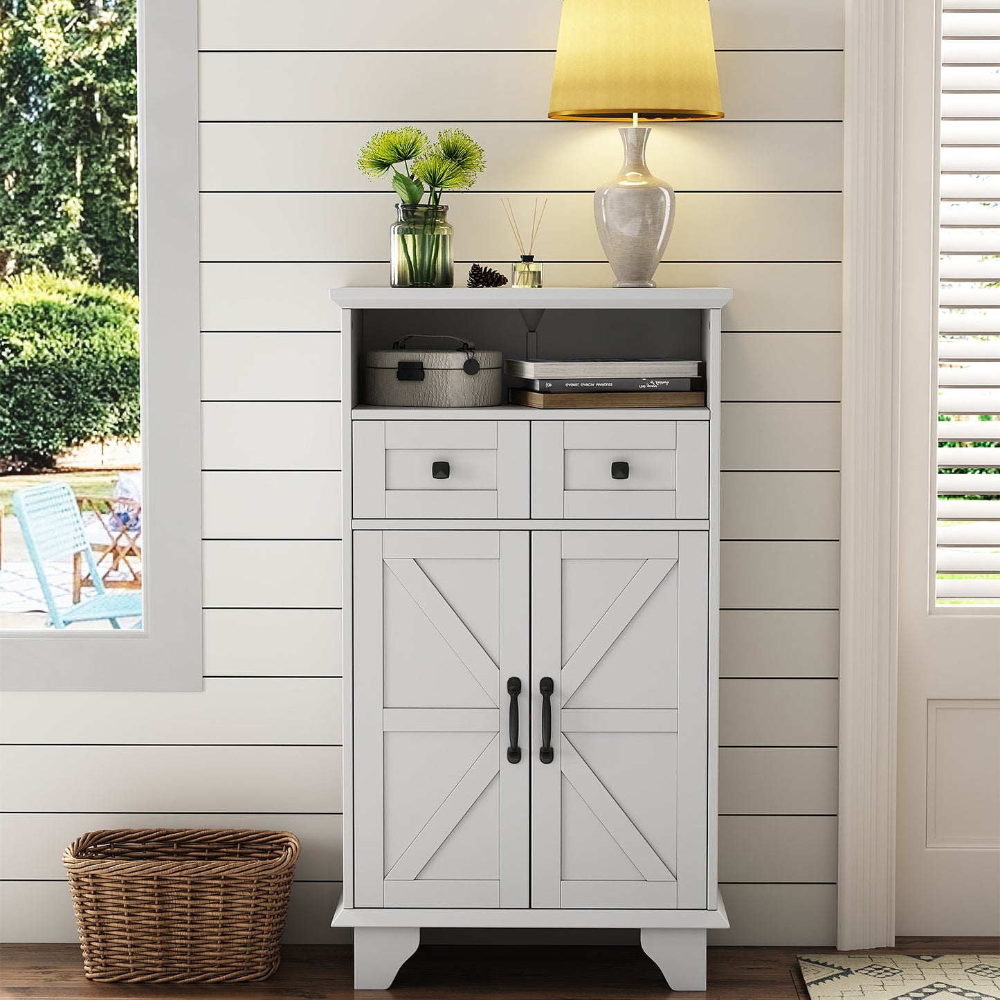 Bathroom Storage Cabinet, Farmhouse Bathroom Floor Cabinet freestanding with Doors and Drawers, 41.3"H Bathroom Organizer with Adjustable Shelf, White