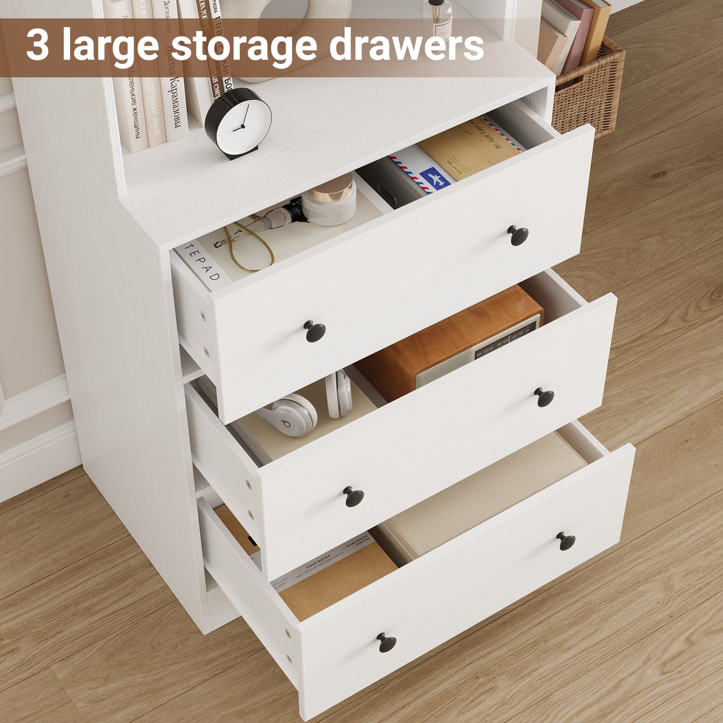 71” Tall Bookcase with 6-Tier, Extra Large Freestanding Display Bookshelf with LED and 3 Large Drawer, White