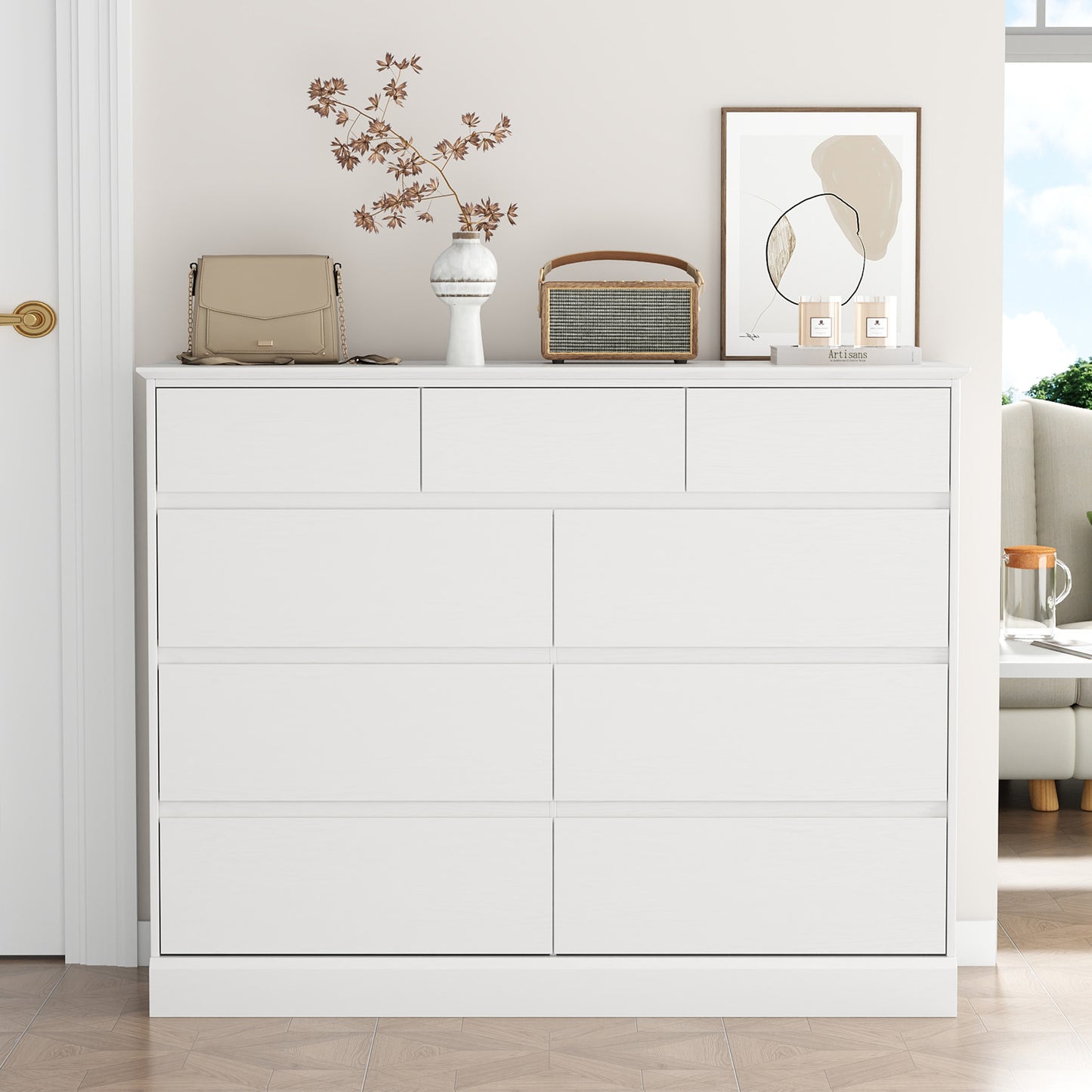 9 Drawers Dresser for Bedroom, Wood Chest of Drawers, Wide Closet Storage Dressers Organizer for Hallway, TV Stand for Living Room, White