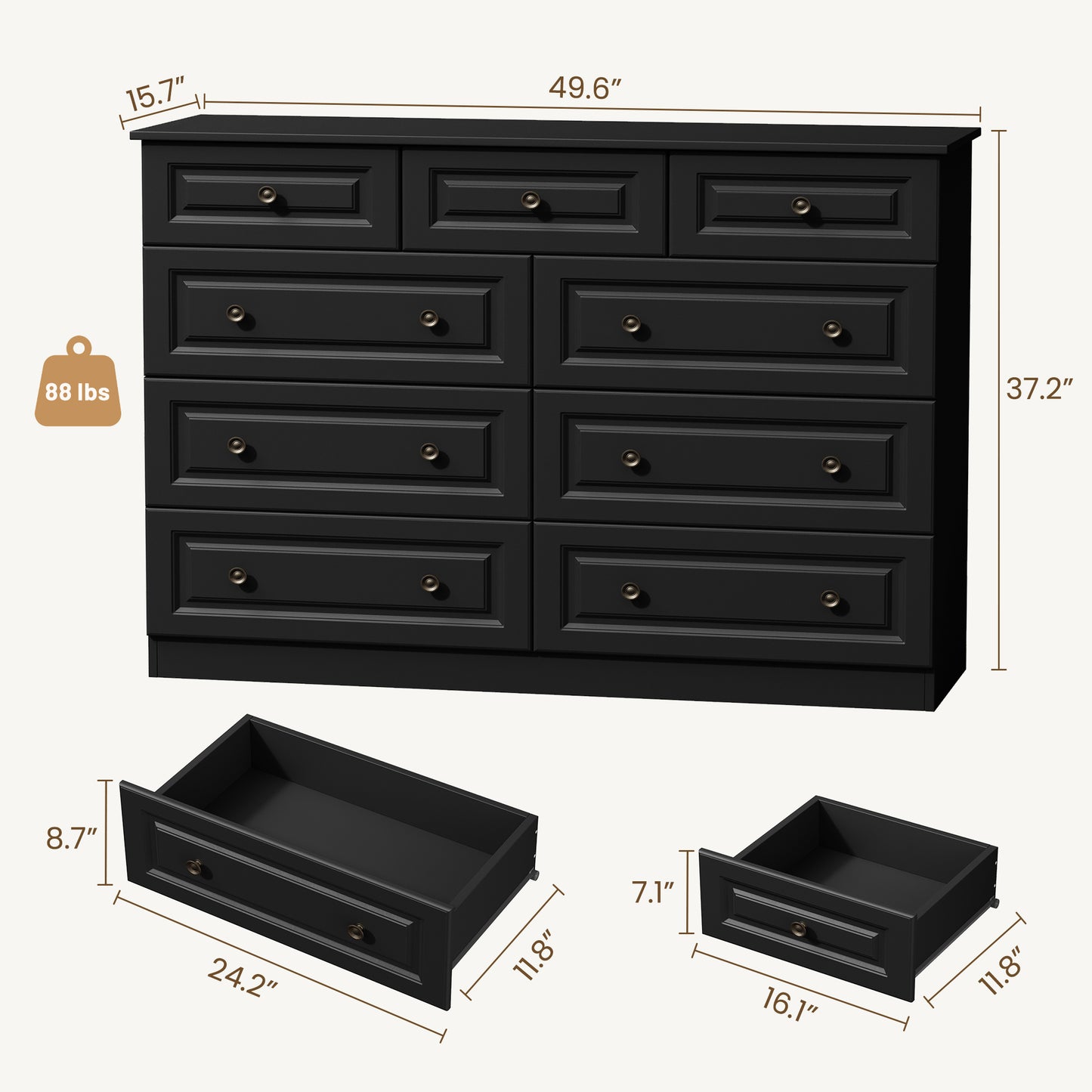 Black 9-Drawer Dresser, 50.39" Wide 37.40" Tall Dresser with Anti-Tip Hardware, Retro Handles, Easy Assembly, Chest of Drawers for Bedroom, Wood Storage Cabinet for Living Room