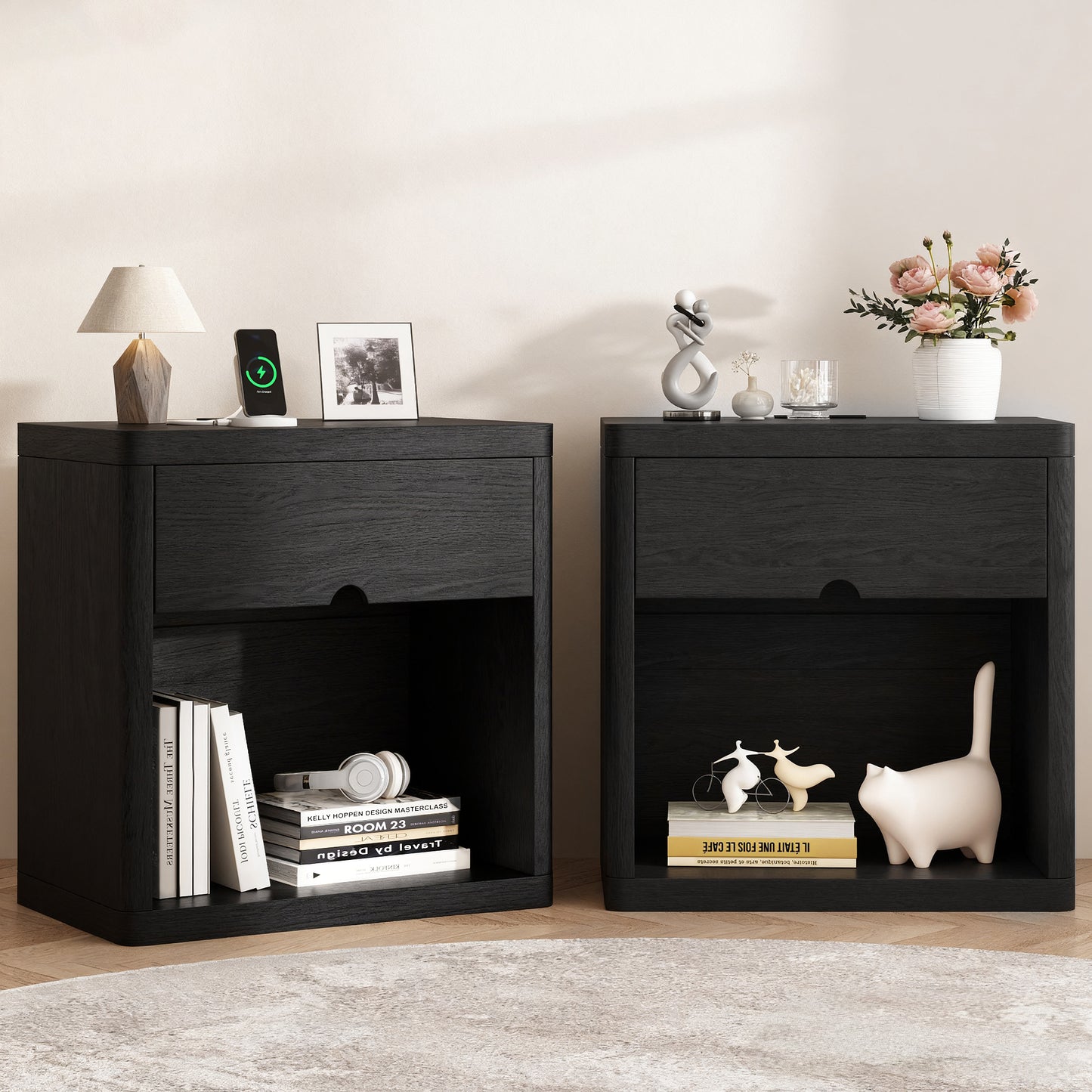 NEGYLIM 24" Wood Nightstand with USB Charging Station, Bedside Table with Safe Rounded Corners & Crescent Handles – Sturdy End Table for Bedroom, Living Room, Nursery (Black, 1-Piece)