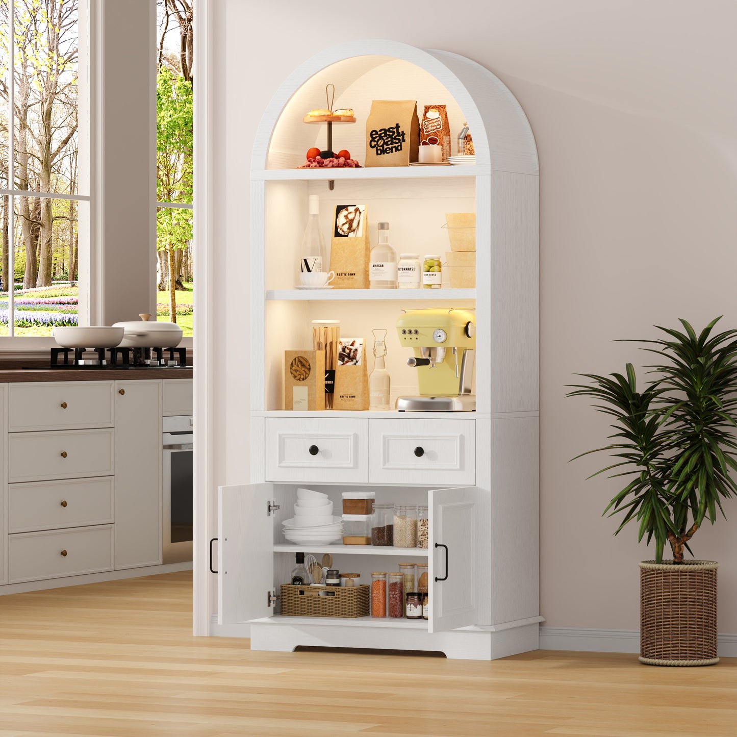 Negylim White Arched Display Coffee Station Cabinet with LED Lights, Freestanding Wooden Storage Unit with Open Shelving, Drawers & Enclosed Cabinet for Kitchen & Living Room Beverage Organizer