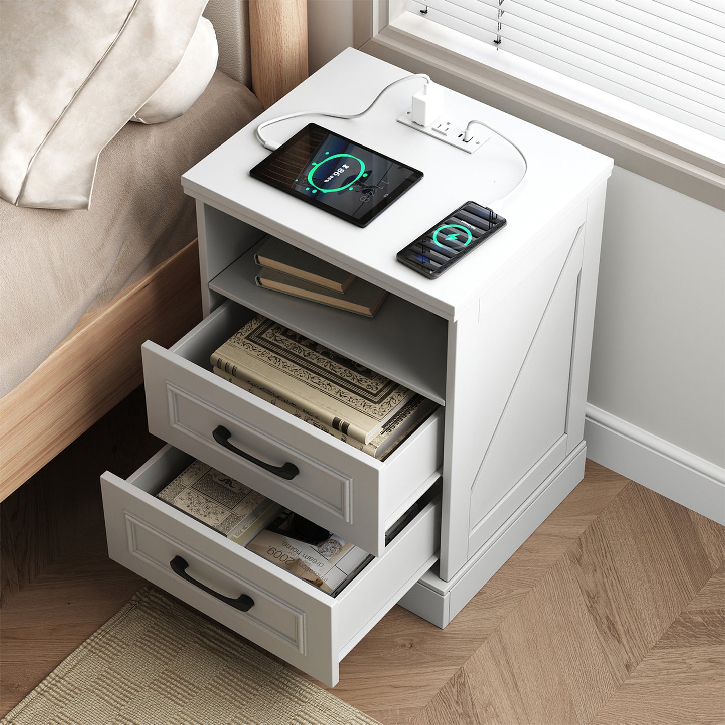 NEGYLIM Nightstand, Farmhouse End Table with Charging Station, 2 Drawers Storage for Bedroom