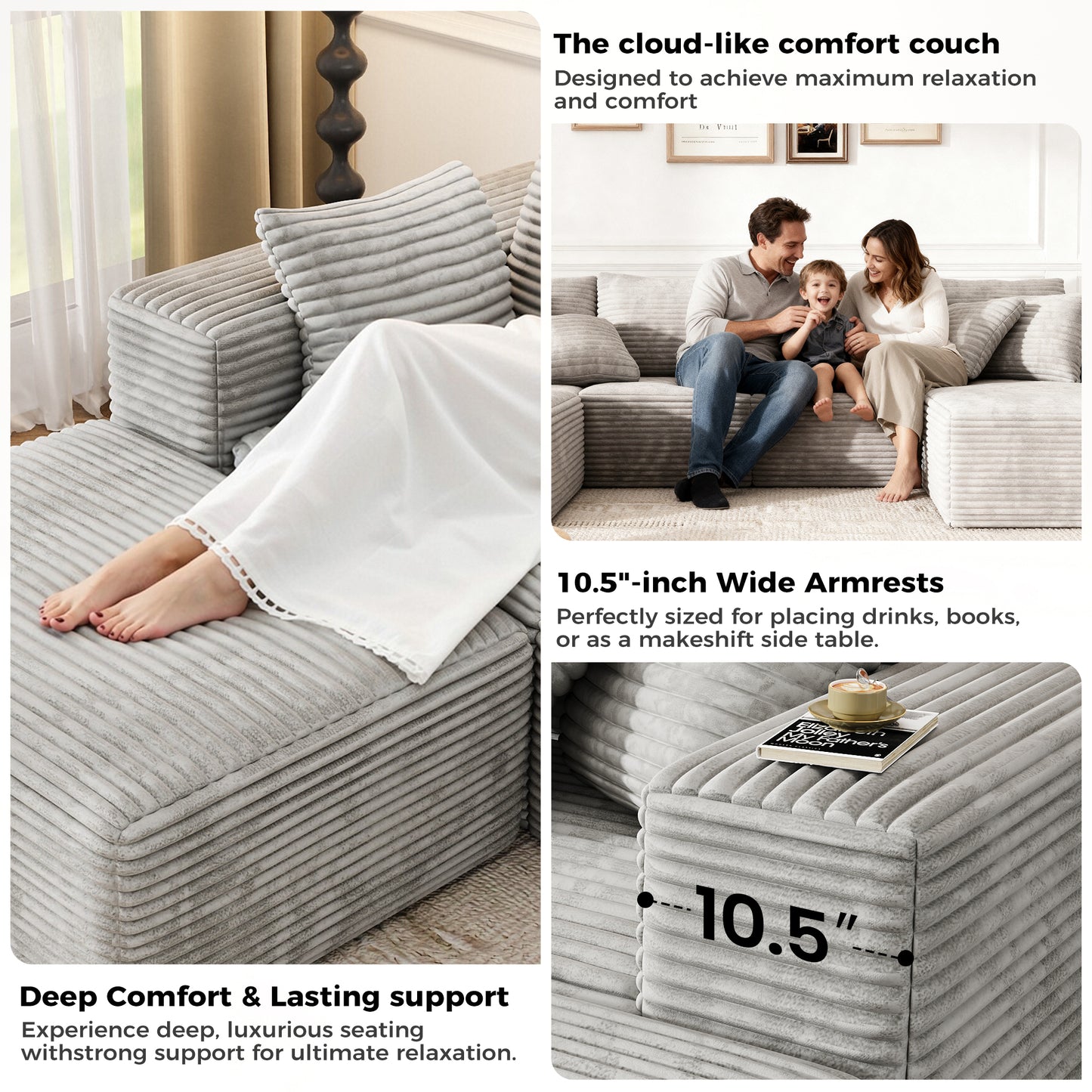 137 inch U-Shaped Sectional Sofa, Cloud-Like Big Modular Couch with Chaise, No Assembly Required, High Density Foam Never Sags, Soft Corduroy Fabric Sofa for Large Space, (White)