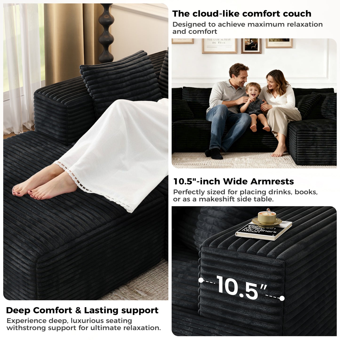 137 inch U-Shaped Sectional Sofa, Cloud-Like Big Modular Couch with Chaise, No Assembly Required, High Density Foam Never Sags, Soft Corduroy Fabric Sofa for Large Space, (Black)