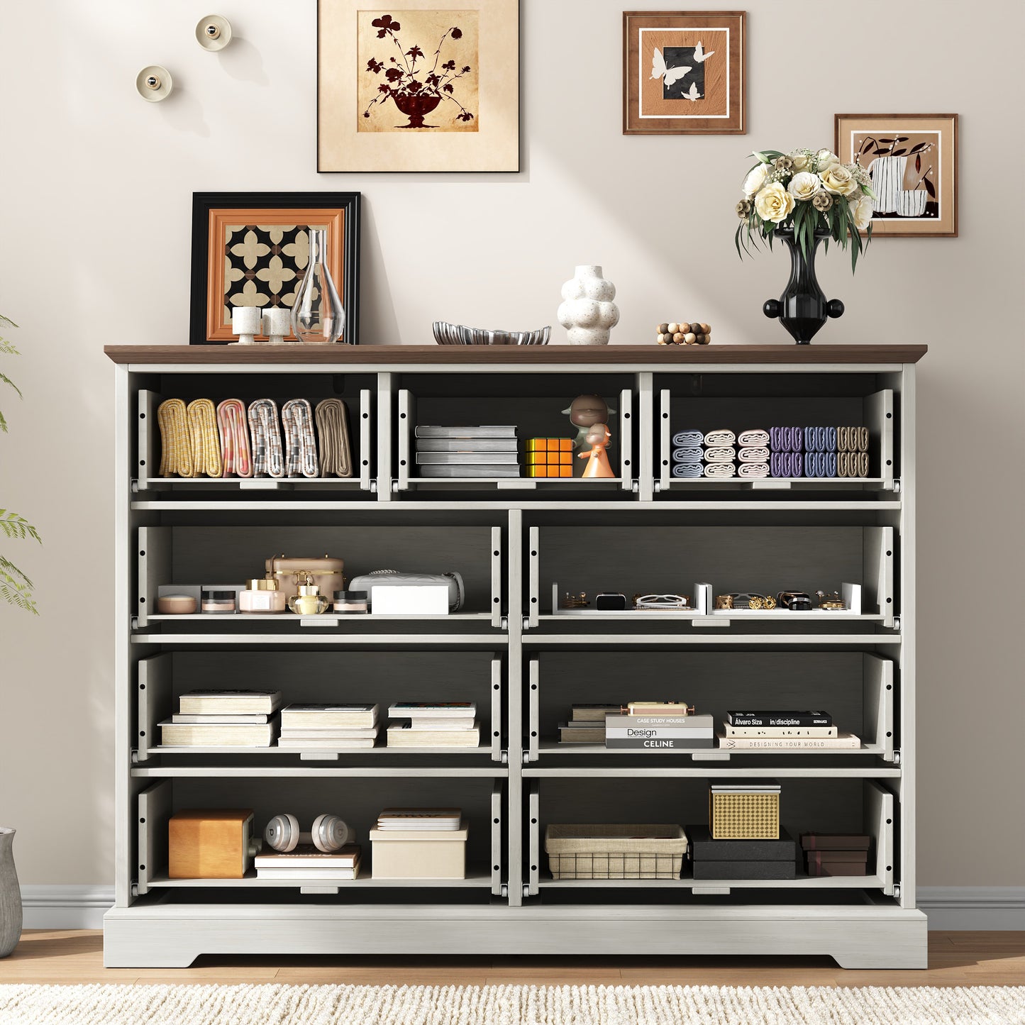 NEGYLIM 9 Drawers Dresser for Bedroom Dressers & Chest of Drawers with Vintage Handles,Long White Dresser for Living Room,Hallway,Study(Rustic White)