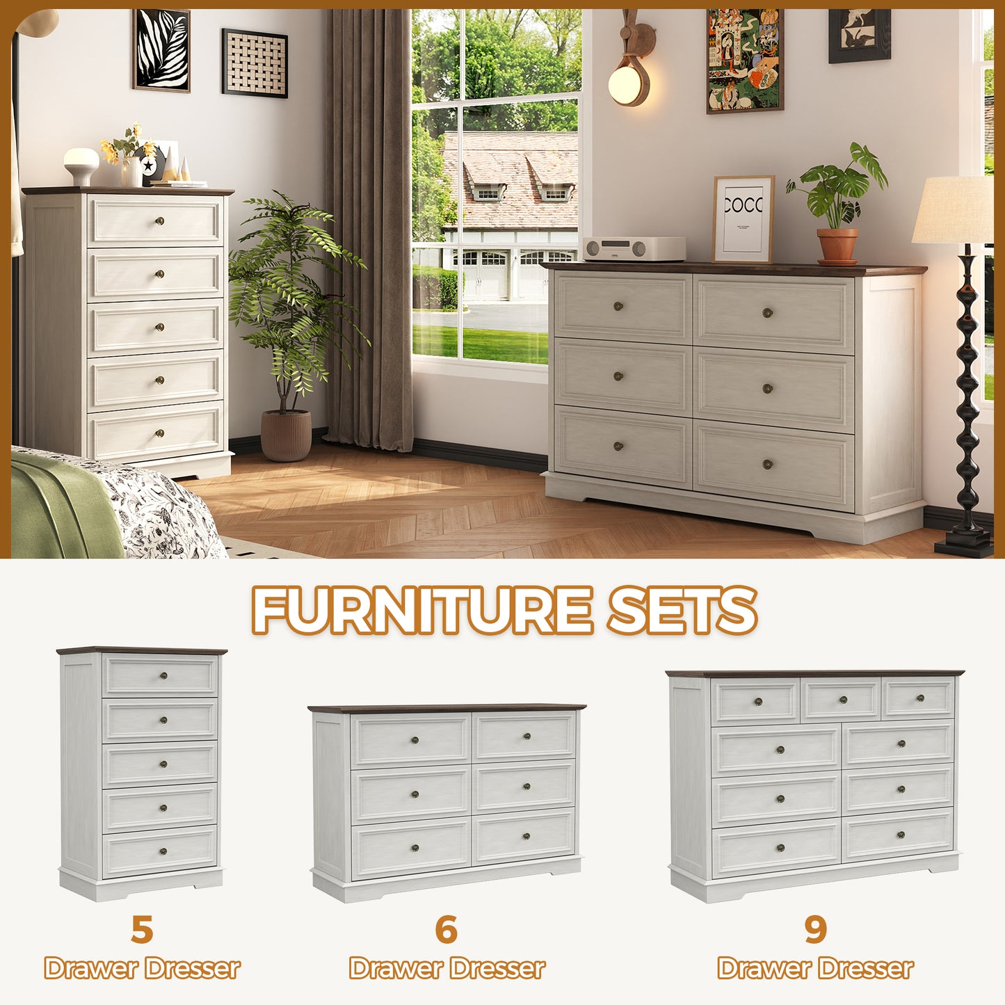 5 Drawer Dresser, Wood Chest of Drawers for Bedroom, Retro Storage Cabinet Dresser Organizer Unit with Antique Bronze Round Handles for Living Room, Closet, Hallway, Entryway