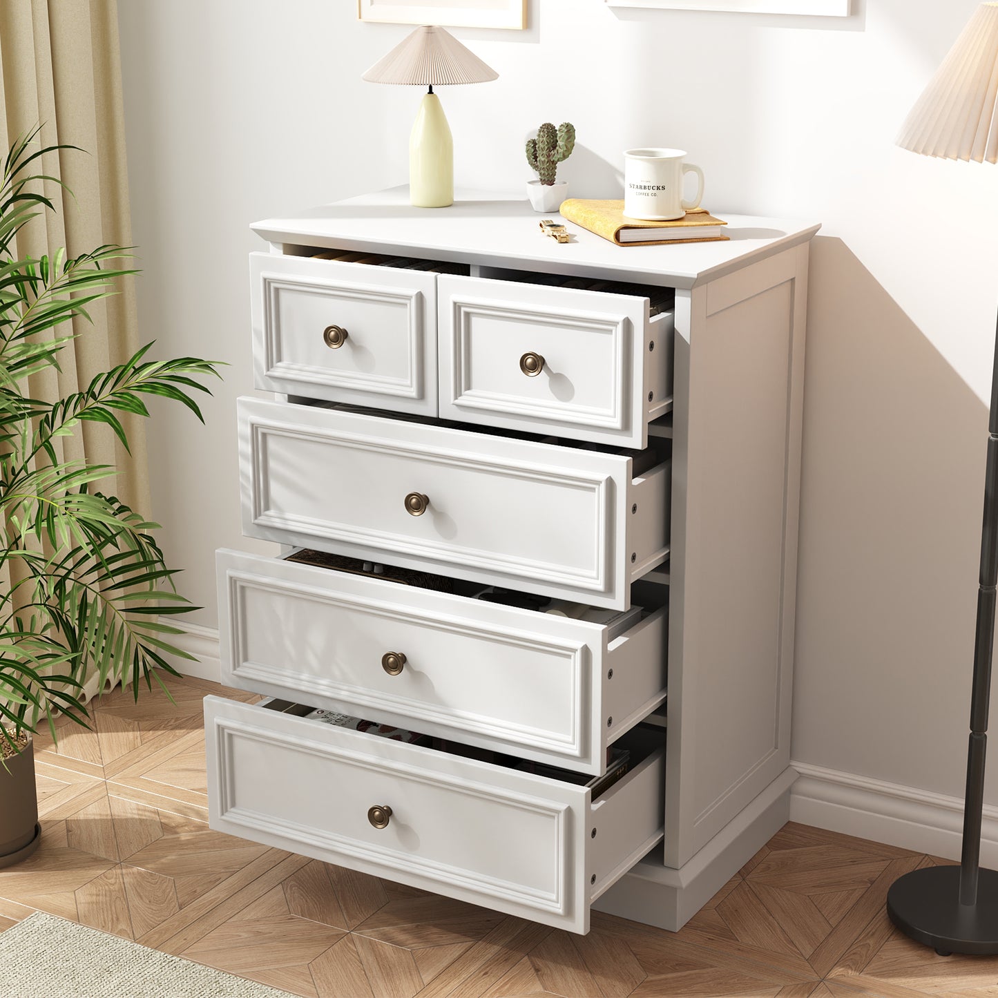 5 Drawer Dresser for Bedroom, Retro Style Chest of Drawers, 26.7"×15.7"×35.8" Wood Storage Dresser with Deep Drawers for Living Room, Hallway, Entryway, White