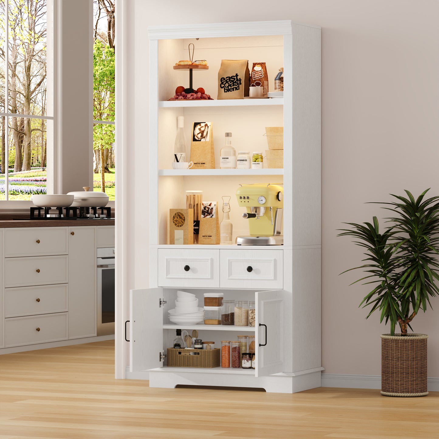 Negylim 71” Tall Lighted Coffee Bar Cabinet, Farmhouse White Pantry Storage Hutch with Built-in LED Strip Lights, 3 Open Display Shelves, 2 Pull-Out Drawers & Closed Storage Cupboard