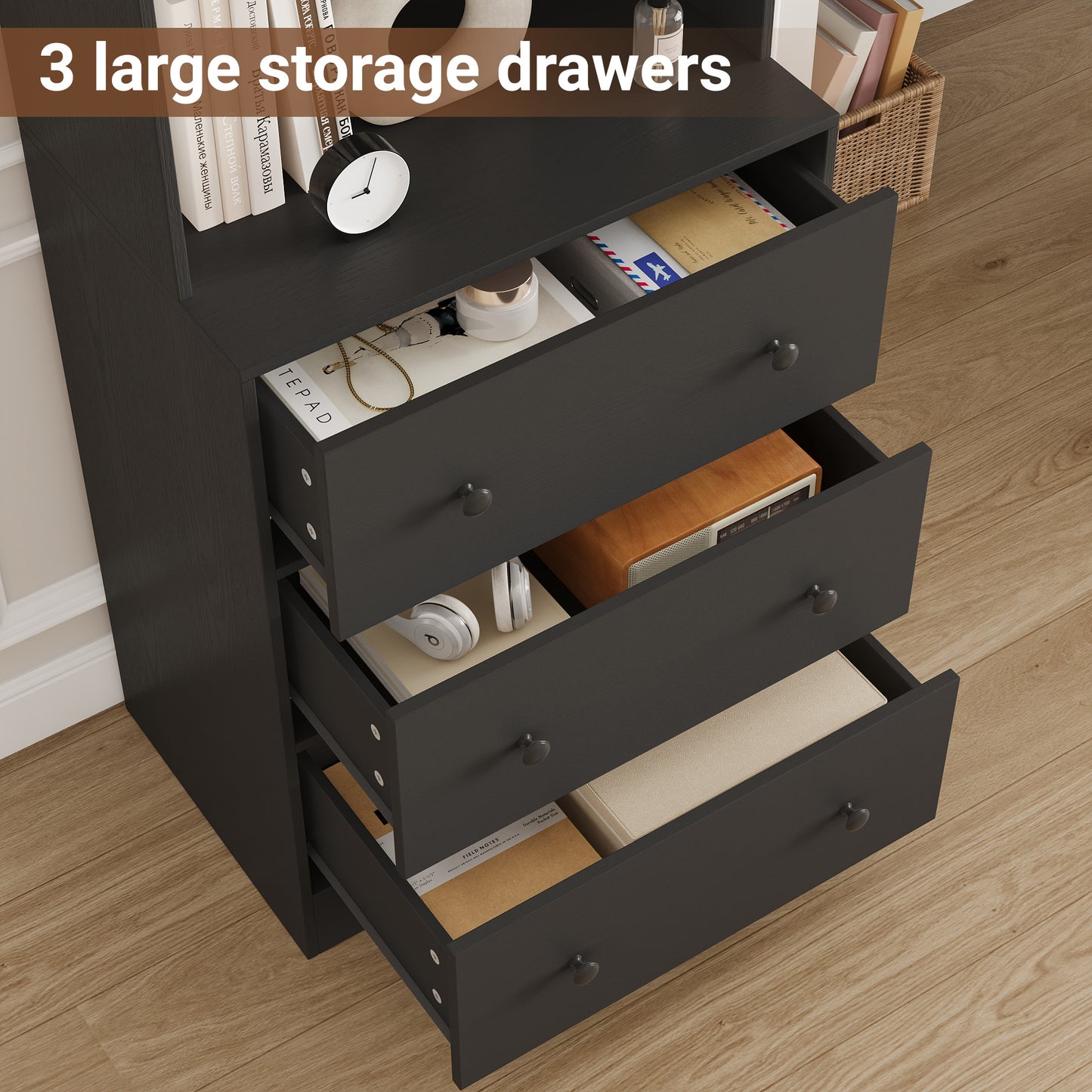 71” Tall Bookcase with 6-Tier, Extra Large Freestanding Display Bookshelf with LED and 3 Large Drawer, Black