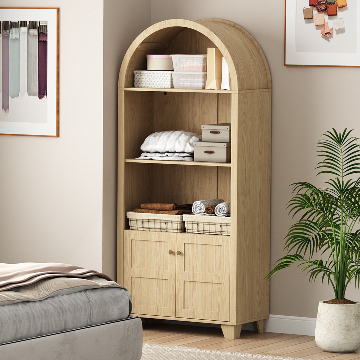 70'' Tall Arched Cabinet, Arched Kitchen Pantry Cabinet with 2 Doors and 5shelves, Open Storage Cabinets Display Bookcase, Versatile Cupboard for Living Room(Wood color)