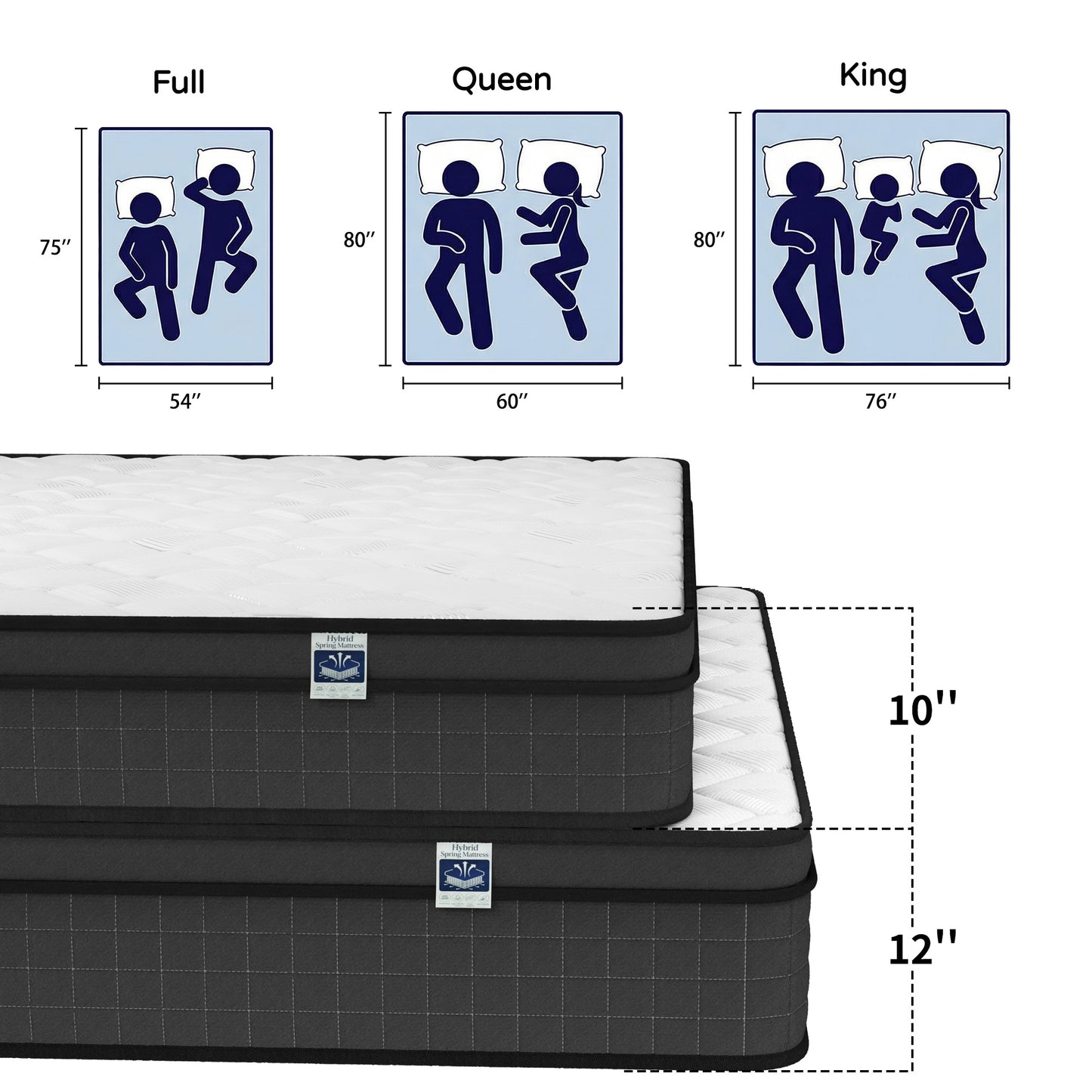 Queen Size 12" Hybrid Mattress - Gel Memory Foam & Pocket Springs, Medium Firm Feel, Motion Isolation, Pressure Relief, CertiPUR-US