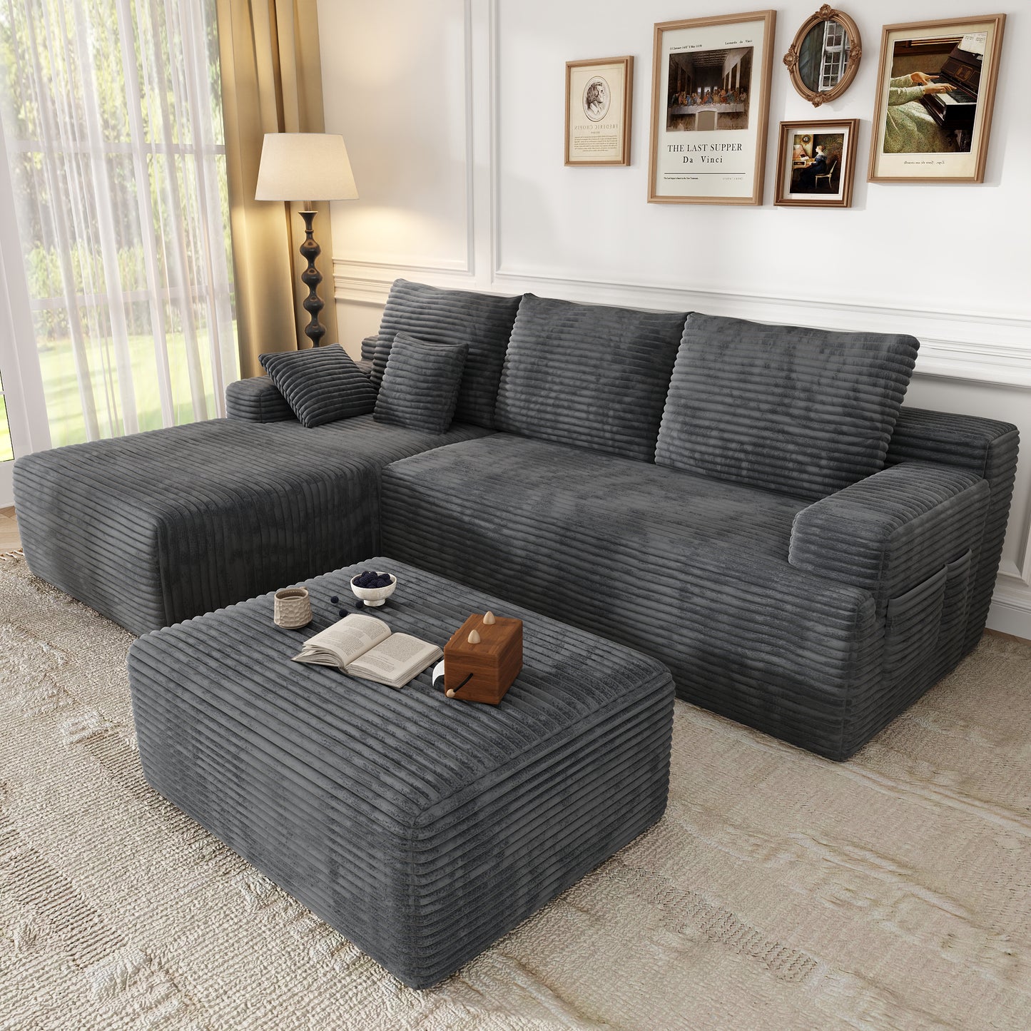 Oversized Sofa Ottoman Footrest, Matching Cushion for L-Shaped Sofa to Create U-Shaped Sectional , Large Seat Stool, High Resilience Foam & Corduroy Fabric, for Living Room Bedroom, (Charcoal)