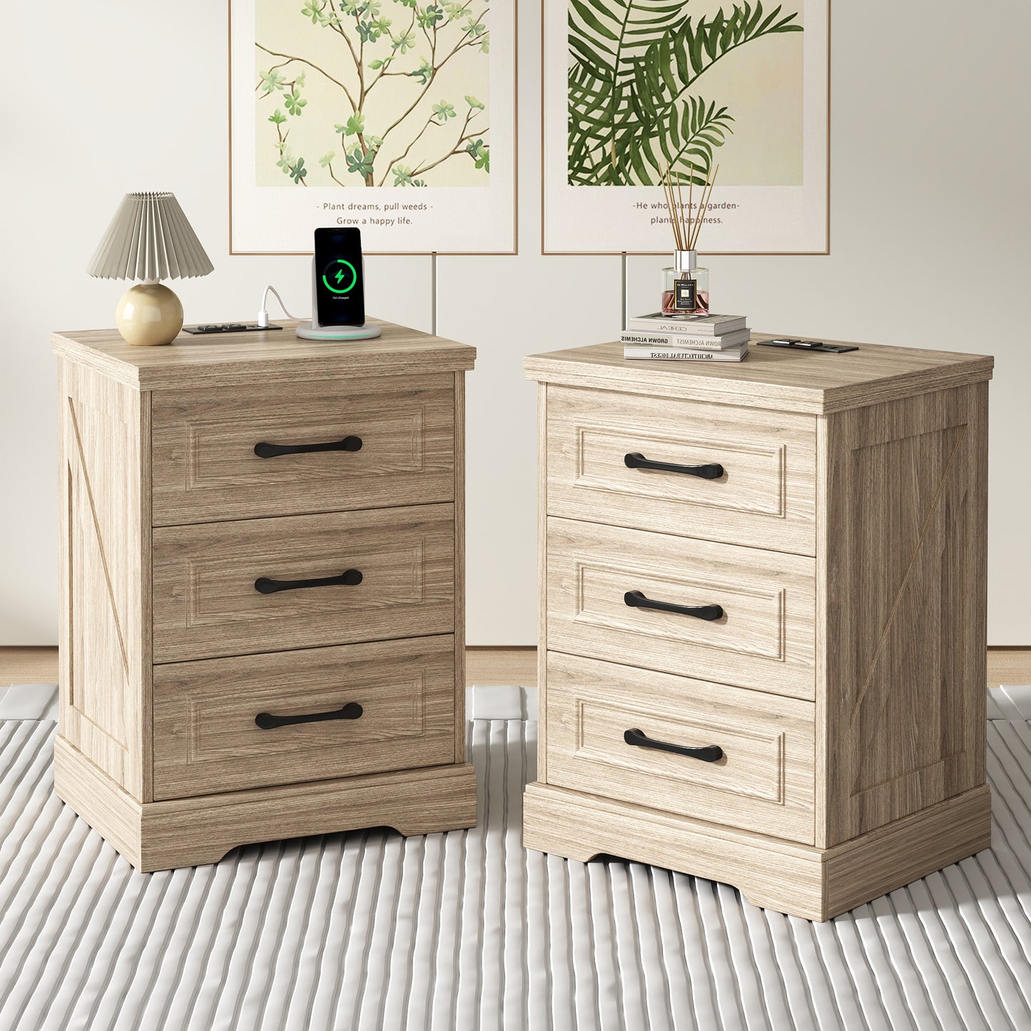 NEGYLIM 2-Piece Nightstand, Farmhouse End Table with Charging Station, 3 Drawers Storage for Bedroom