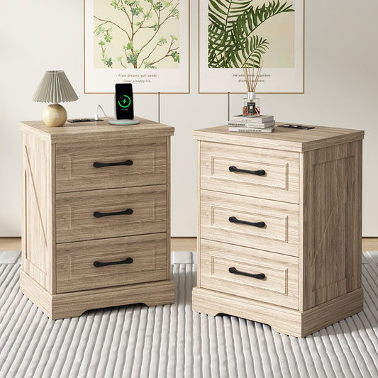 NEGYLIM 2-Piece Nightstand, Farmhouse End Table with Charging Station, 3 Drawers Storage for Bedroom