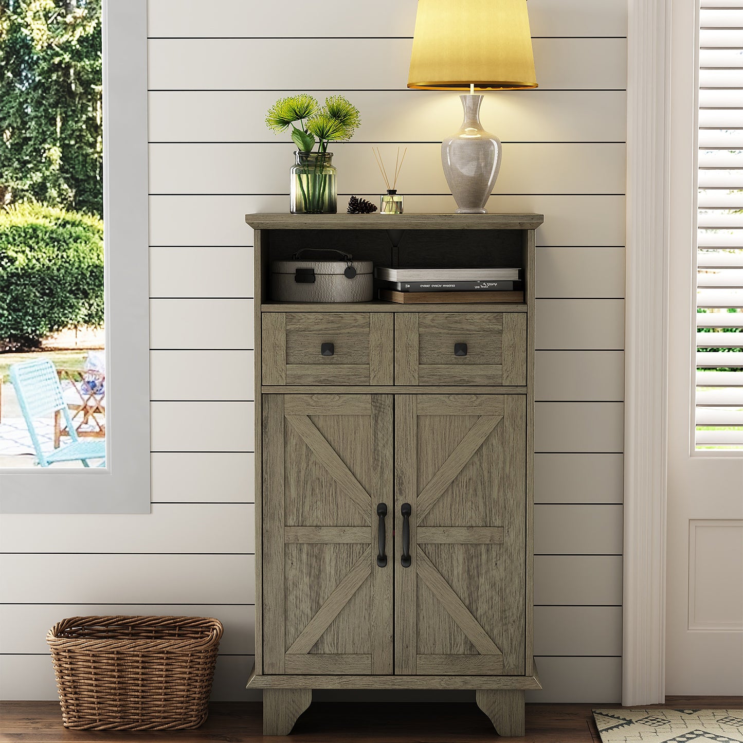 Bathroom Storage Cabinet, Farmhouse Bathroom Floor Cabinet freestanding with Doors and Drawers, 41.3"H Bathroom Organizer with Adjustable Shelf, Wood Grain