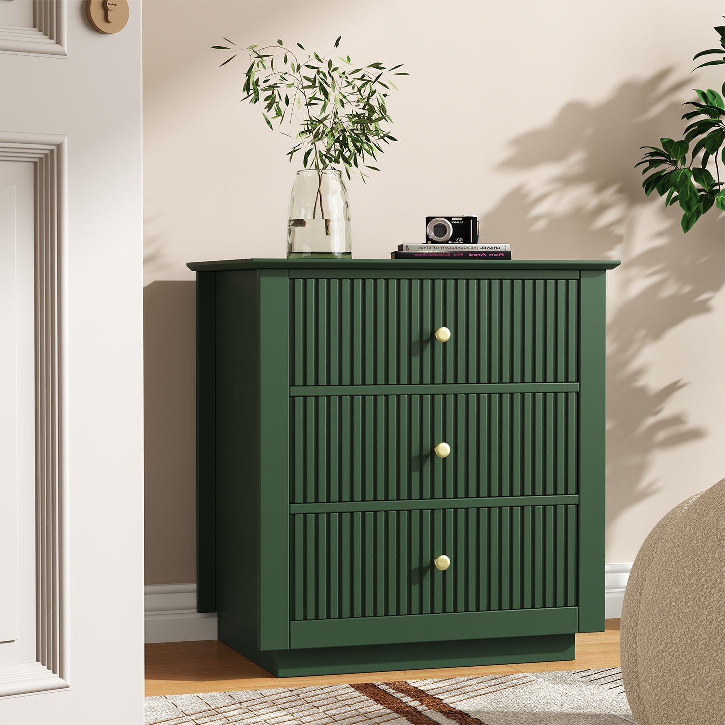 Modern Nightstand with Charging Station & 3 Drawers, 24 Inch Wide Bedside Table Set of 2 for Bedroom and Living Room, Large Storage End Table with Fluted Design, Green