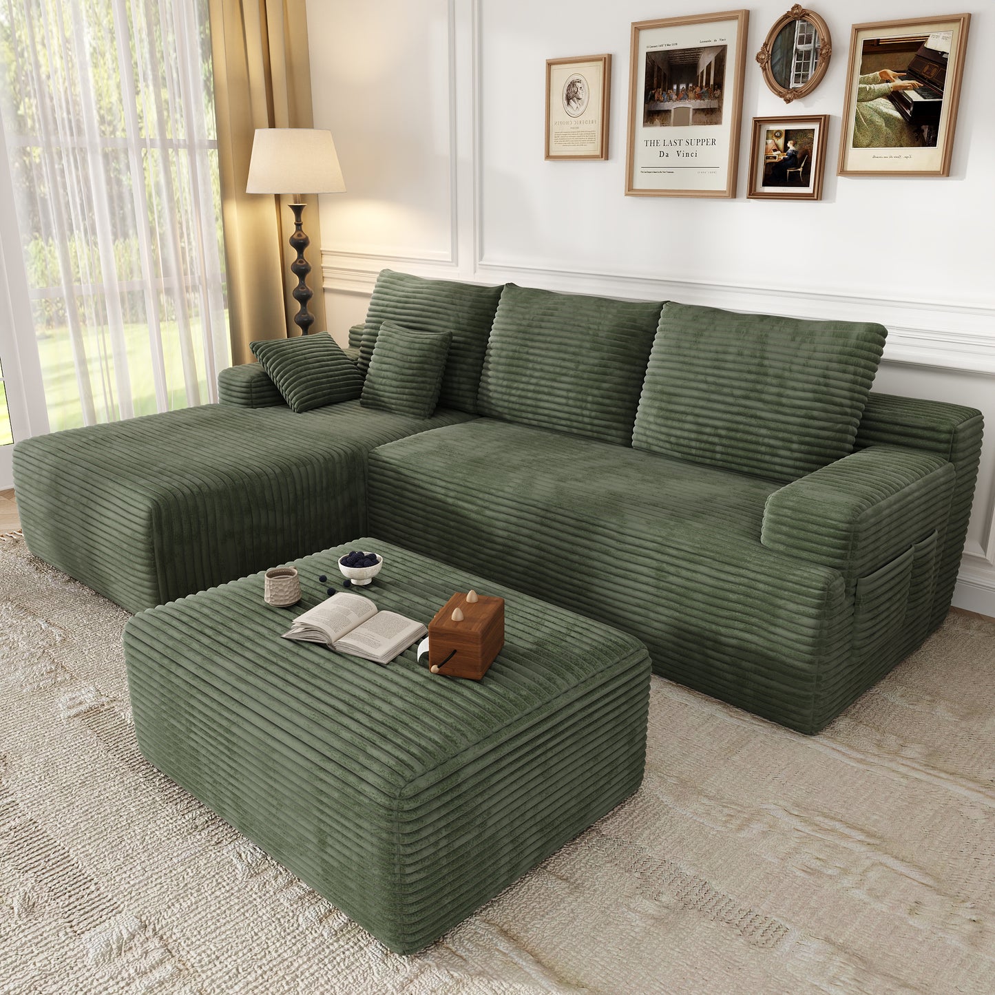 Oversized Sofa Ottoman Footrest, Matching Cushion for L-Shaped Sofa to Create U-Shaped Sectional , Large Seat Stool, High Resilience Foam & Corduroy Fabric, for Living Room Bedroom, (Sage Green)