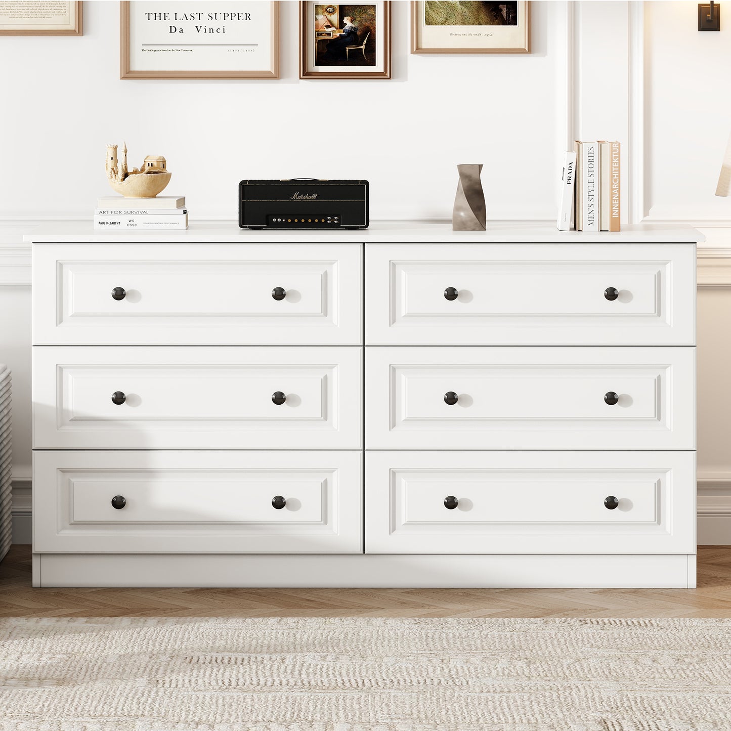 NEGYLIM 6-Drawer White Dresser, 47-inch Wide Chest for Bedroom Storage, Farmhouse Style with Anti-Tip Safety