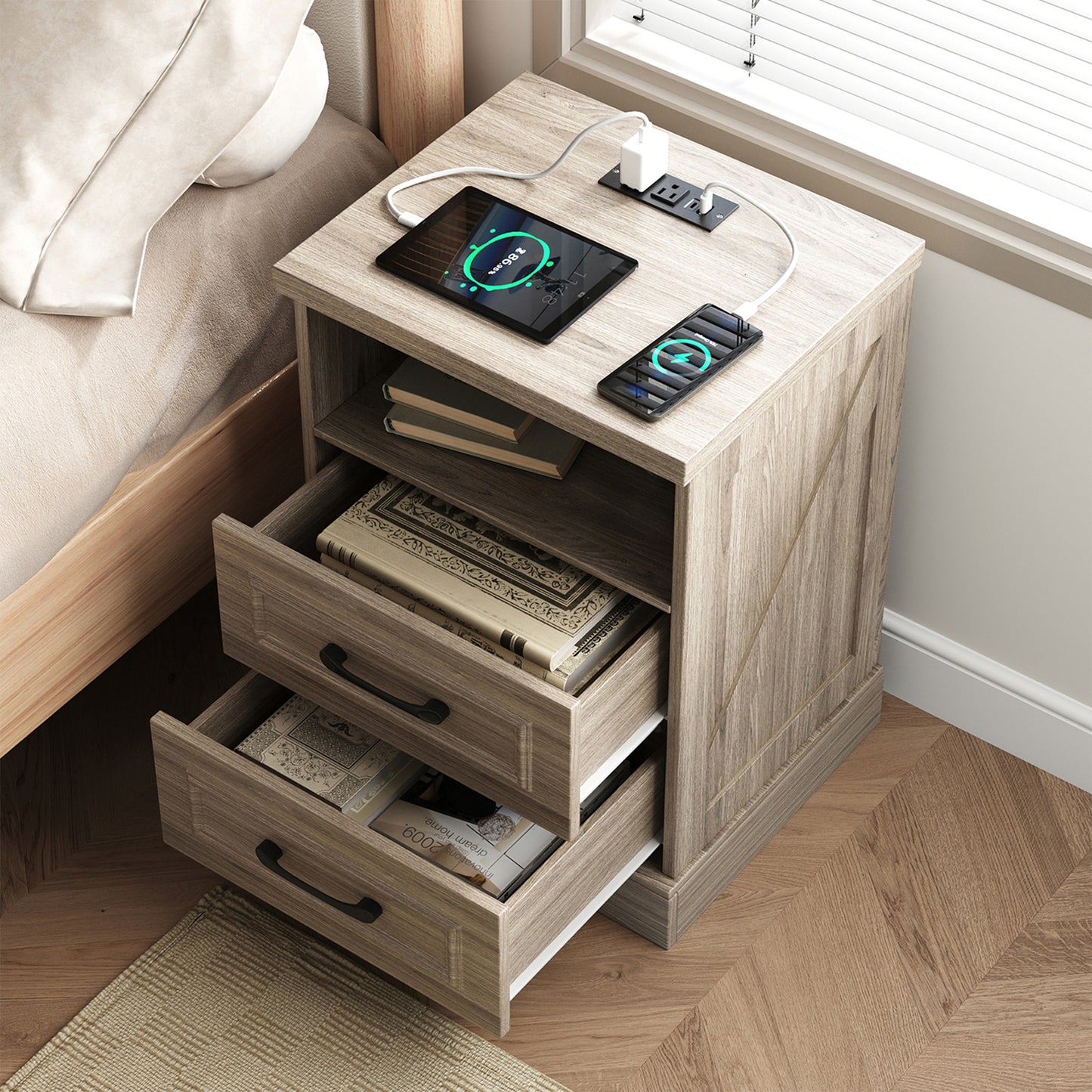 NEGYLIM Nightstand with Drawers for Bedroom, Farmhouse End Table with Charging Station, 2 Drawers Storage for Bedroom, Gray