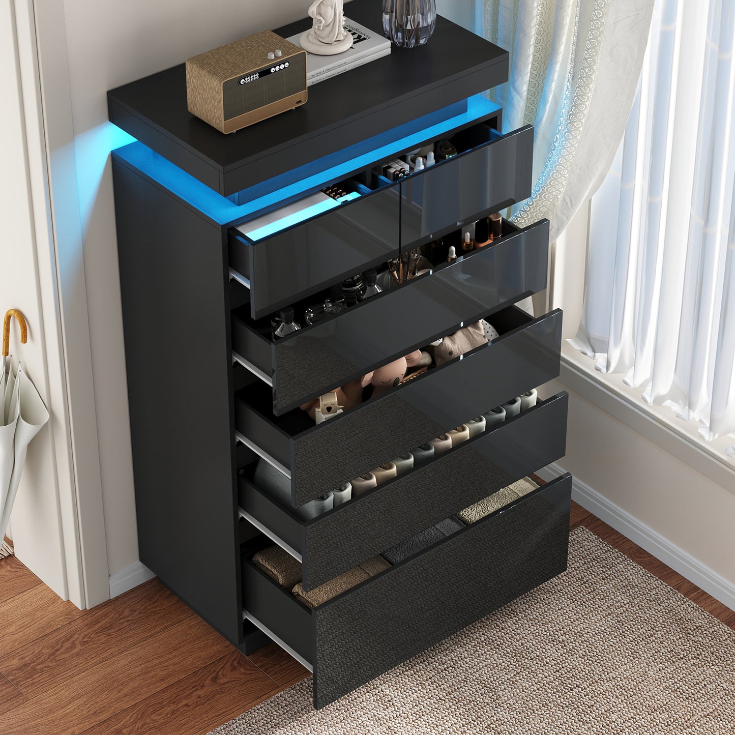 NEGYLIM 6 Drawer Black Dresser, High Gloss Dresser with LED Light for Bedroom, Living Room, Hallway, Easy Assembly